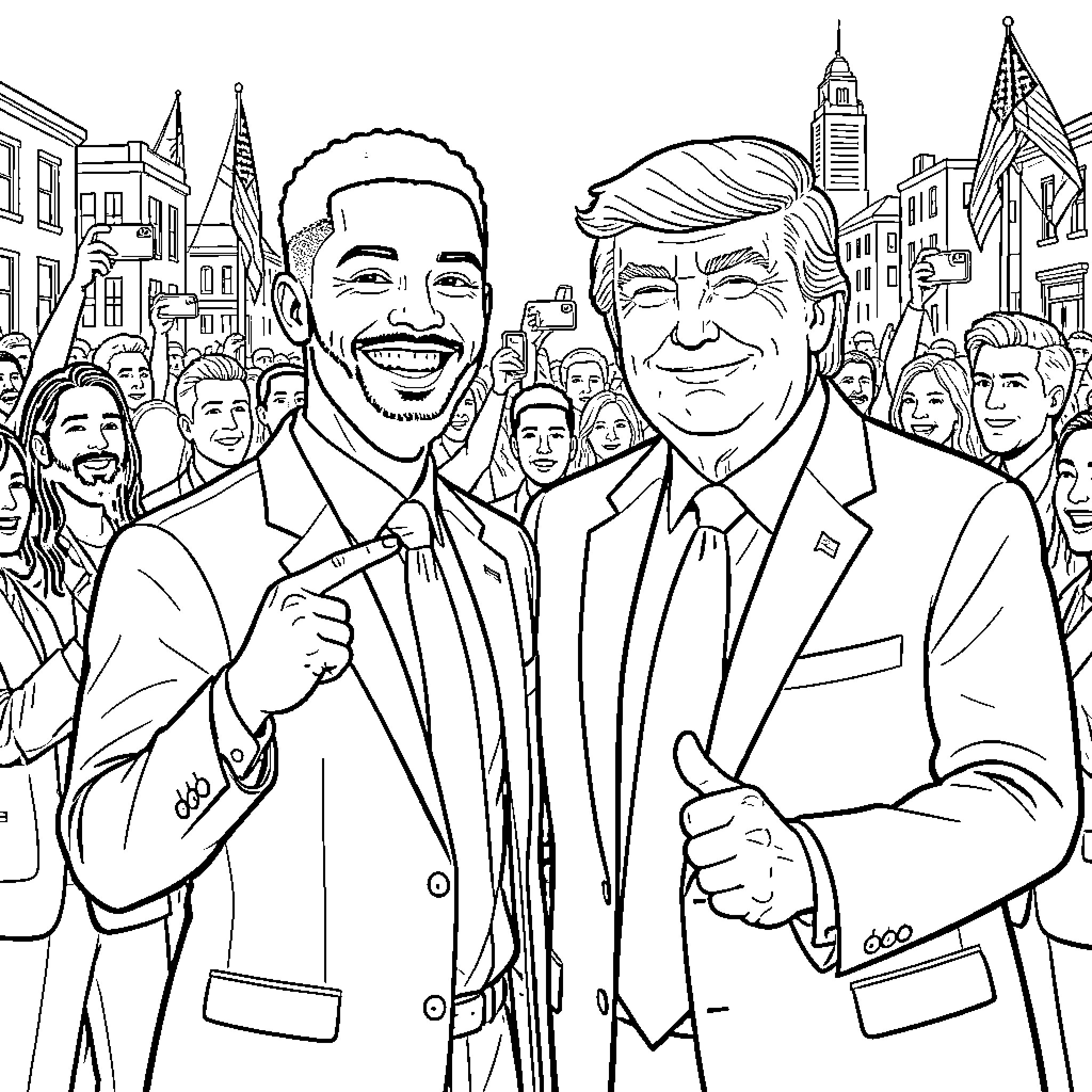 Nle Choppa and Trump Together in Crowd Coloring Page (free black-and-white line drawing printable PDF for all, from beginners to advanced learners, including children, teens, adults, and seniors)