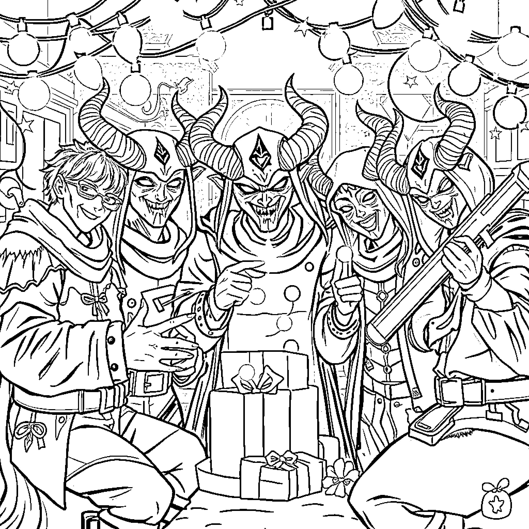 Kpop Demons Celebrating with Gifts and Decorations Coloring Page (free black-and-white line drawing printable PDF for all, from beginners to advanced learners, including children, teens, adults, and seniors)