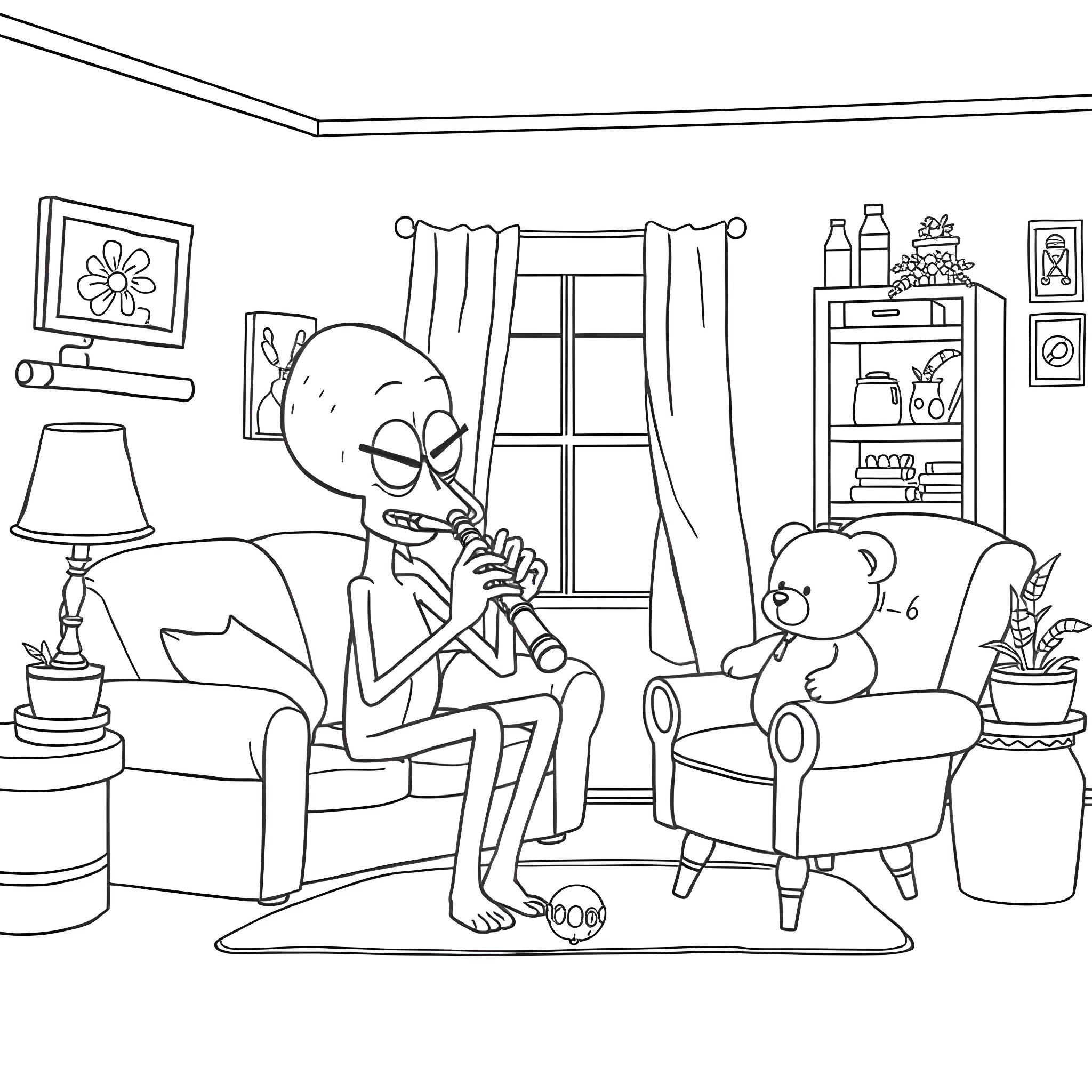 Squidward relaxing at home with his teddy bear Coloring Page (free black-and-white line drawing printable PDF for all, from beginners to advanced learners, including children, teens, adults, and seniors)