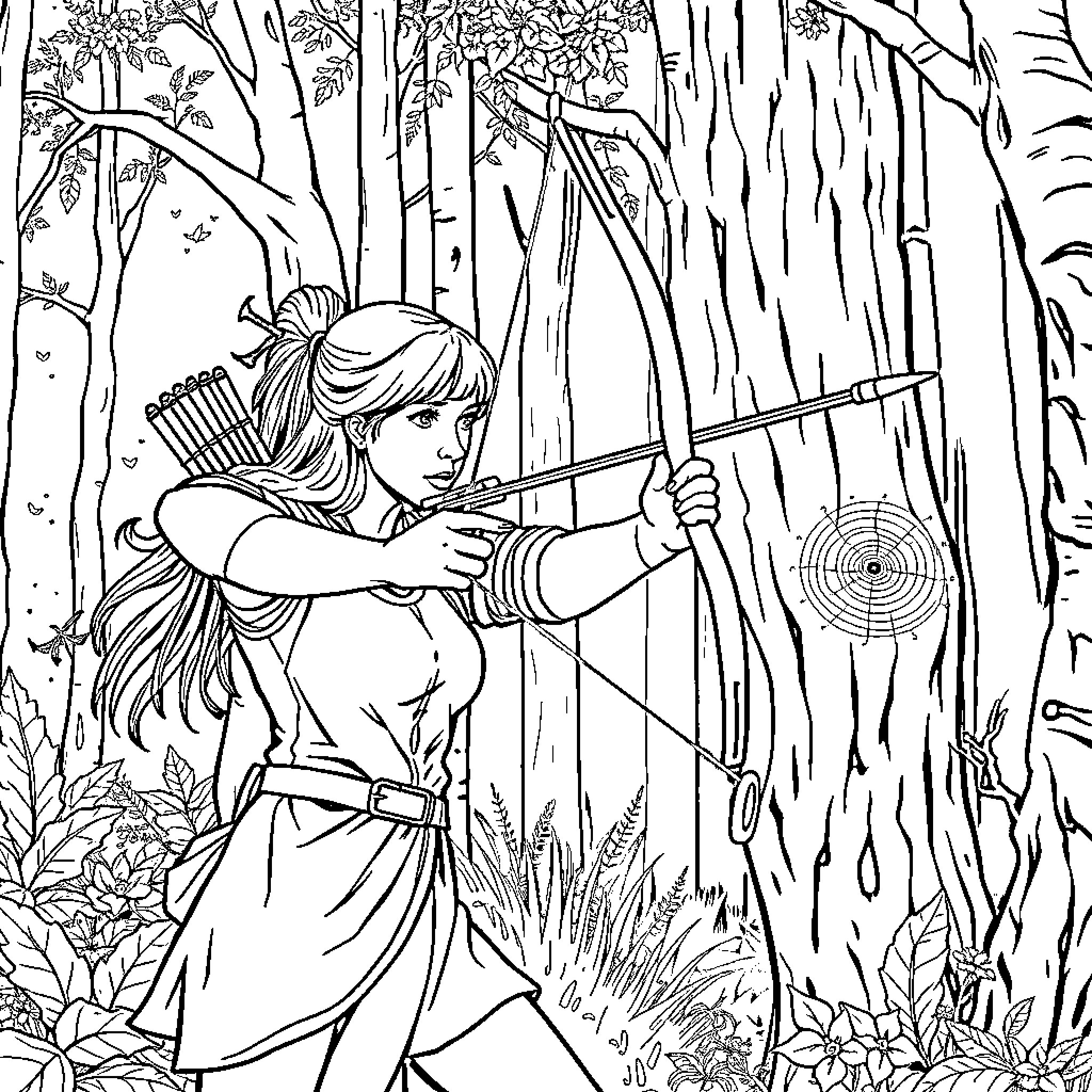 Archer aiming bow and arrow in the enchanted forest Coloring Page (free black-and-white line drawing printable PDF for all, from beginners to advanced learners, including children, teens, adults, and seniors)
