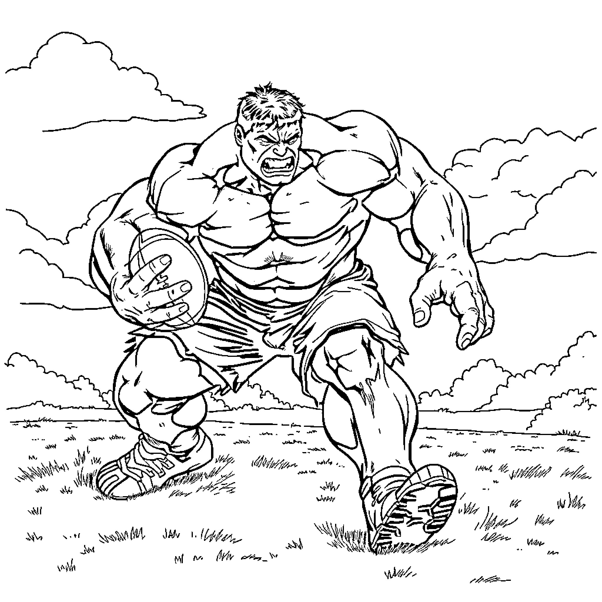 Hulk charging through the wilderness with fierce determination Coloring Page (free black-and-white line drawing printable PDF for all, from beginners to advanced learners, including children, teens, adults, and seniors)