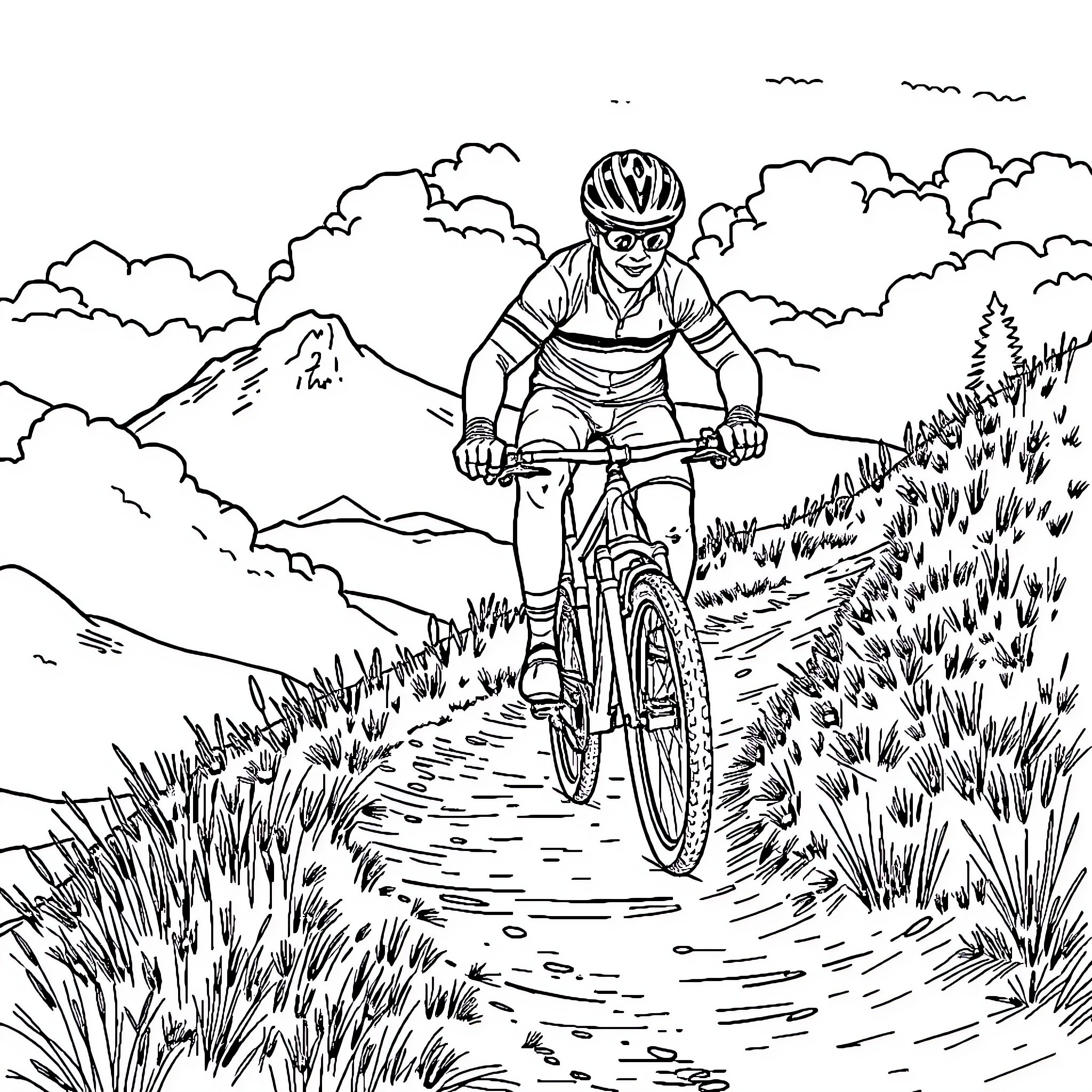 Batteuse cycling through scenic mountain trail Coloring Page (free black-and-white line drawing printable PDF for all, from beginners to advanced learners, including children, teens, adults, and seniors)
