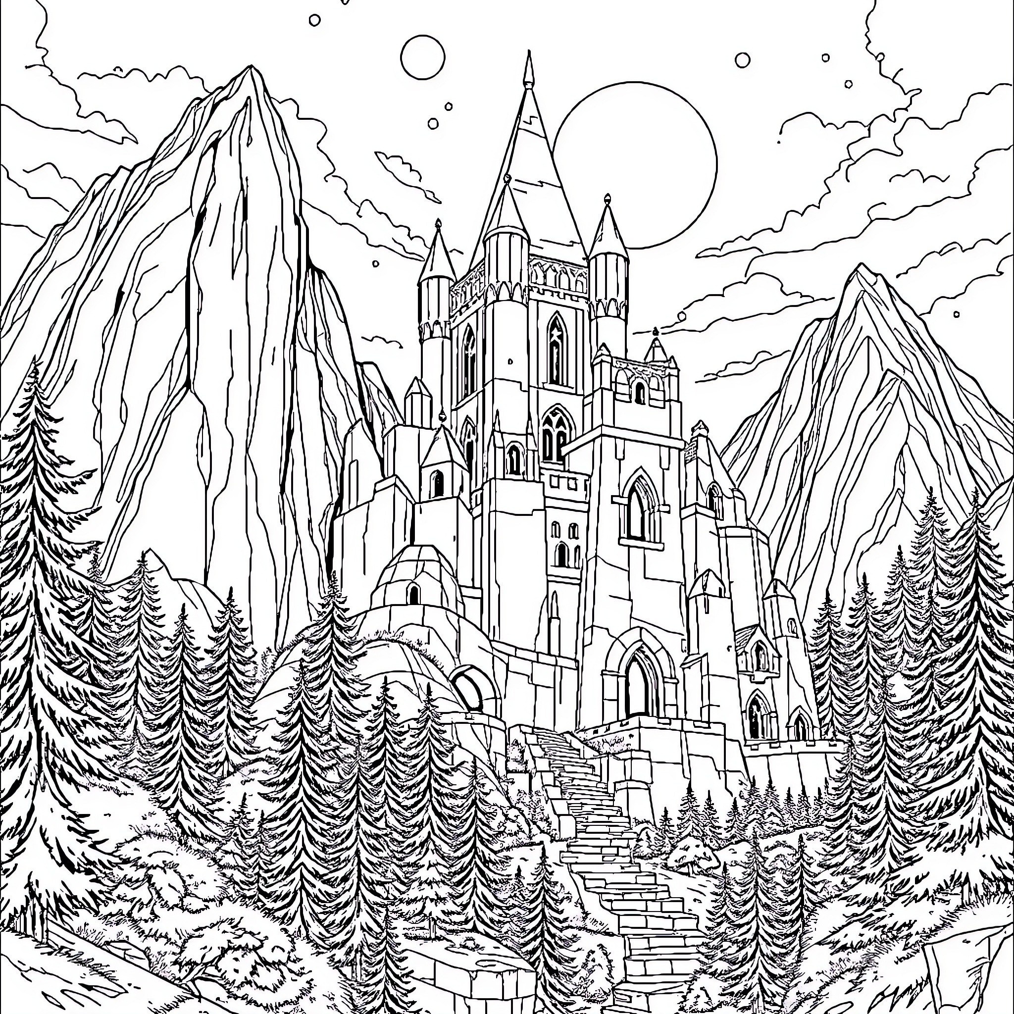 Thundercats' Enchanted Realm of Castles and Mountains Coloring Page (free black-and-white line drawing printable PDF for all, from beginners to advanced learners, including children, teens, adults, and seniors)