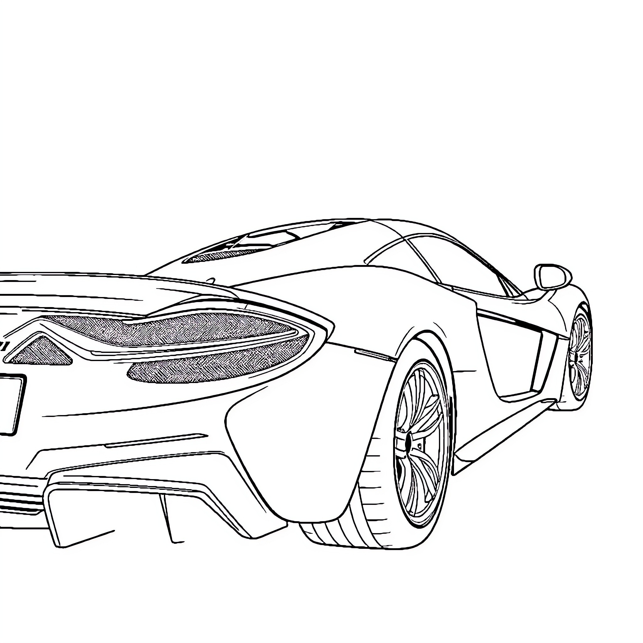 McLaren supercar in dynamic racing pose Coloring Page (free black-and-white line drawing printable PDF for all, from beginners to advanced learners, including children, teens, adults, and seniors)