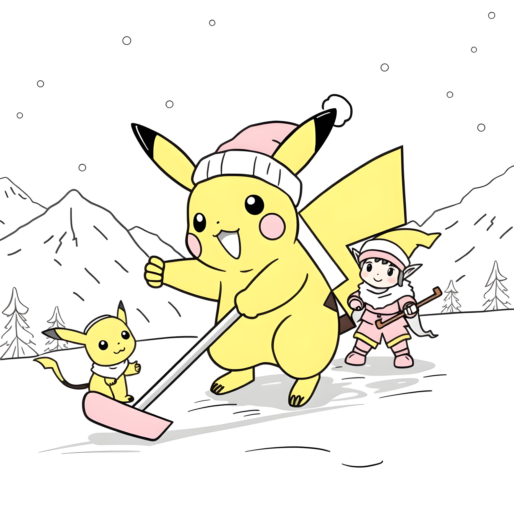 Pikachu and Pichu enjoying winter activities Coloring Page (free black-and-white line drawing printable PDF for all, from beginners to advanced learners, including children, teens, adults, and seniors)