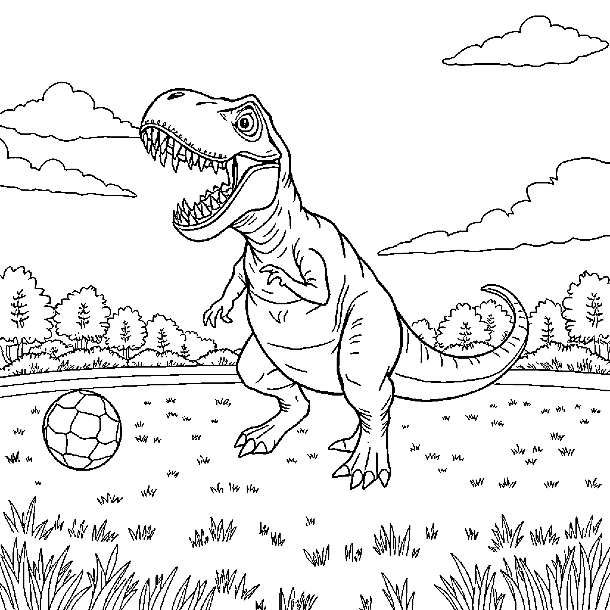 Dinosaur chasing ball in grassy field Coloring Page (free black-and-white line drawing printable PDF for all, from beginners to advanced learners, including children, teens, adults, and seniors)