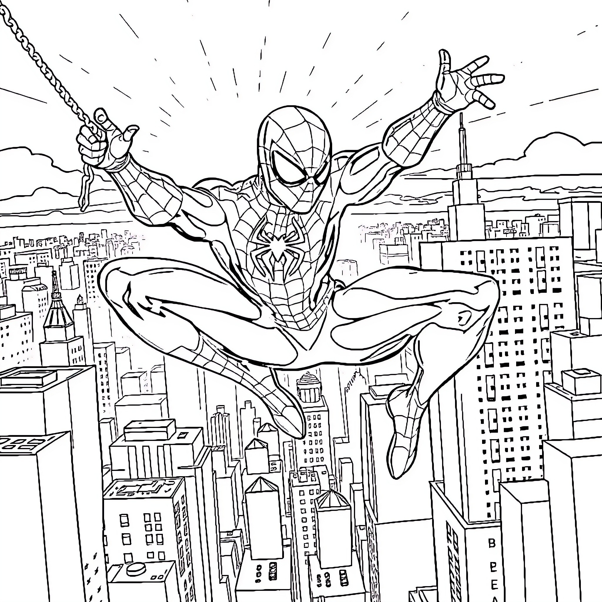 Spider-Man swinging through the city skyline Coloring Page (free black-and-white line drawing printable PDF for all, from beginners to advanced learners, including children, teens, adults, and seniors)