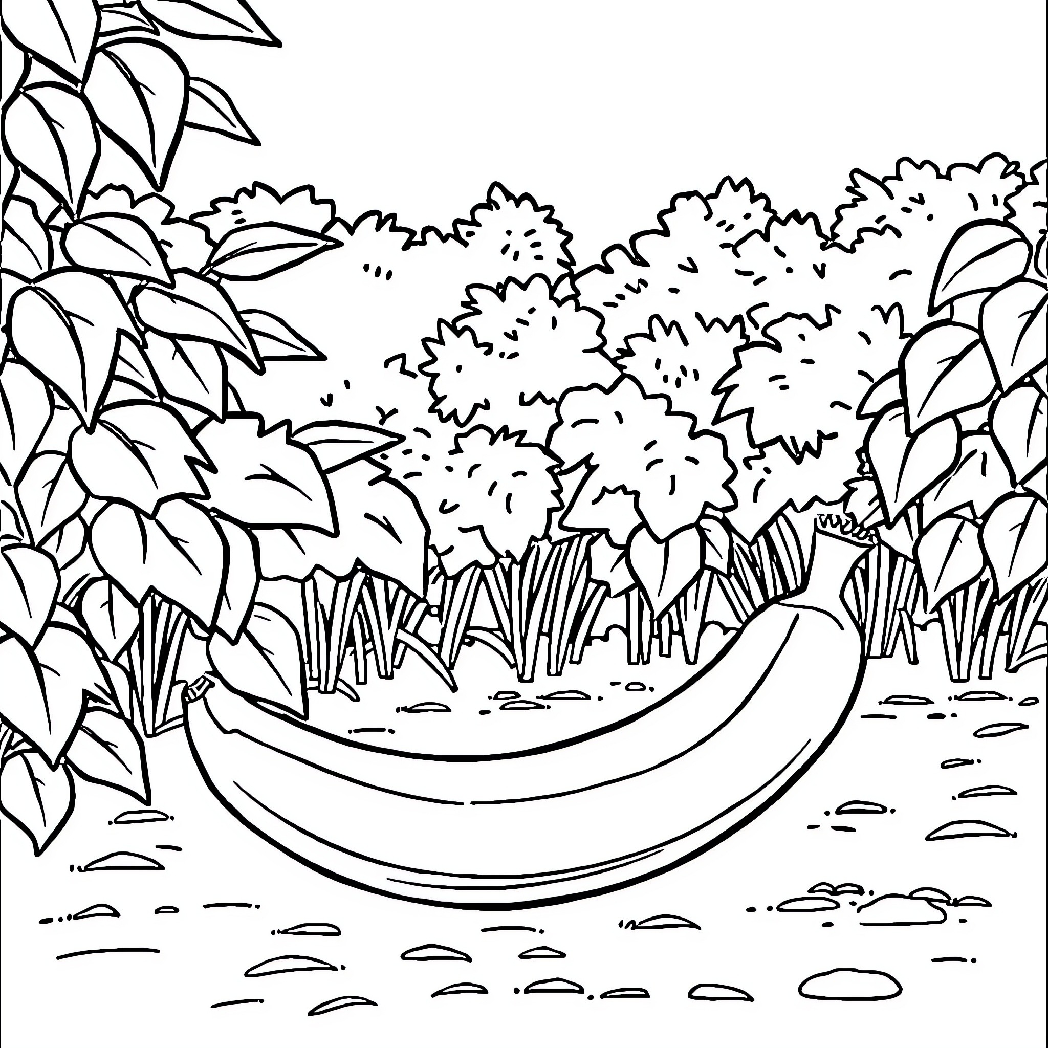 Banana on a path in a natural landscape Coloring Page (free black-and-white line drawing printable PDF for all, from beginners to advanced learners, including children, teens, adults, and seniors)