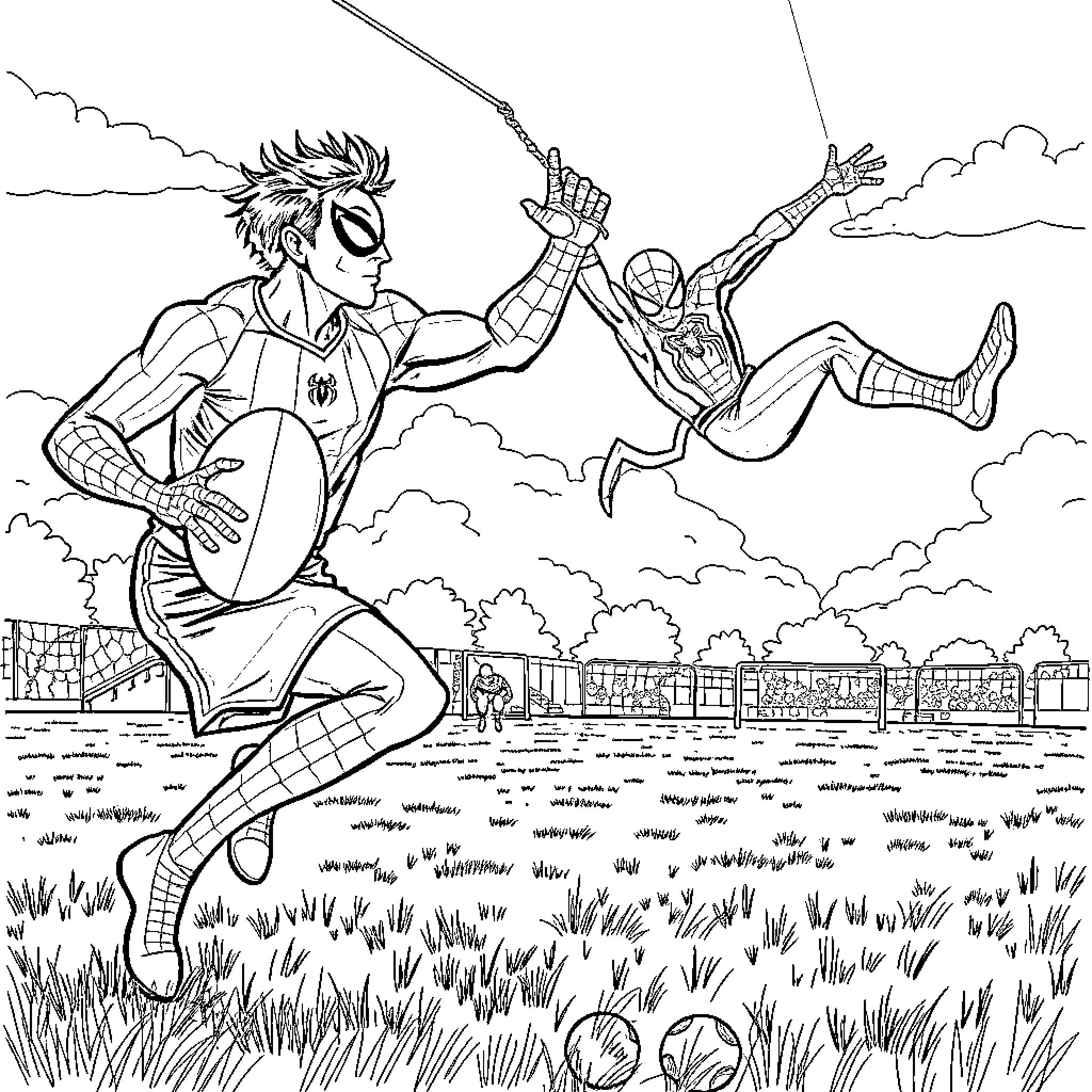 Antoine Dupont and Spider-Man swinging through the city Coloring Page (free black-and-white line drawing printable PDF for all, from beginners to advanced learners, including children, teens, adults, and seniors)