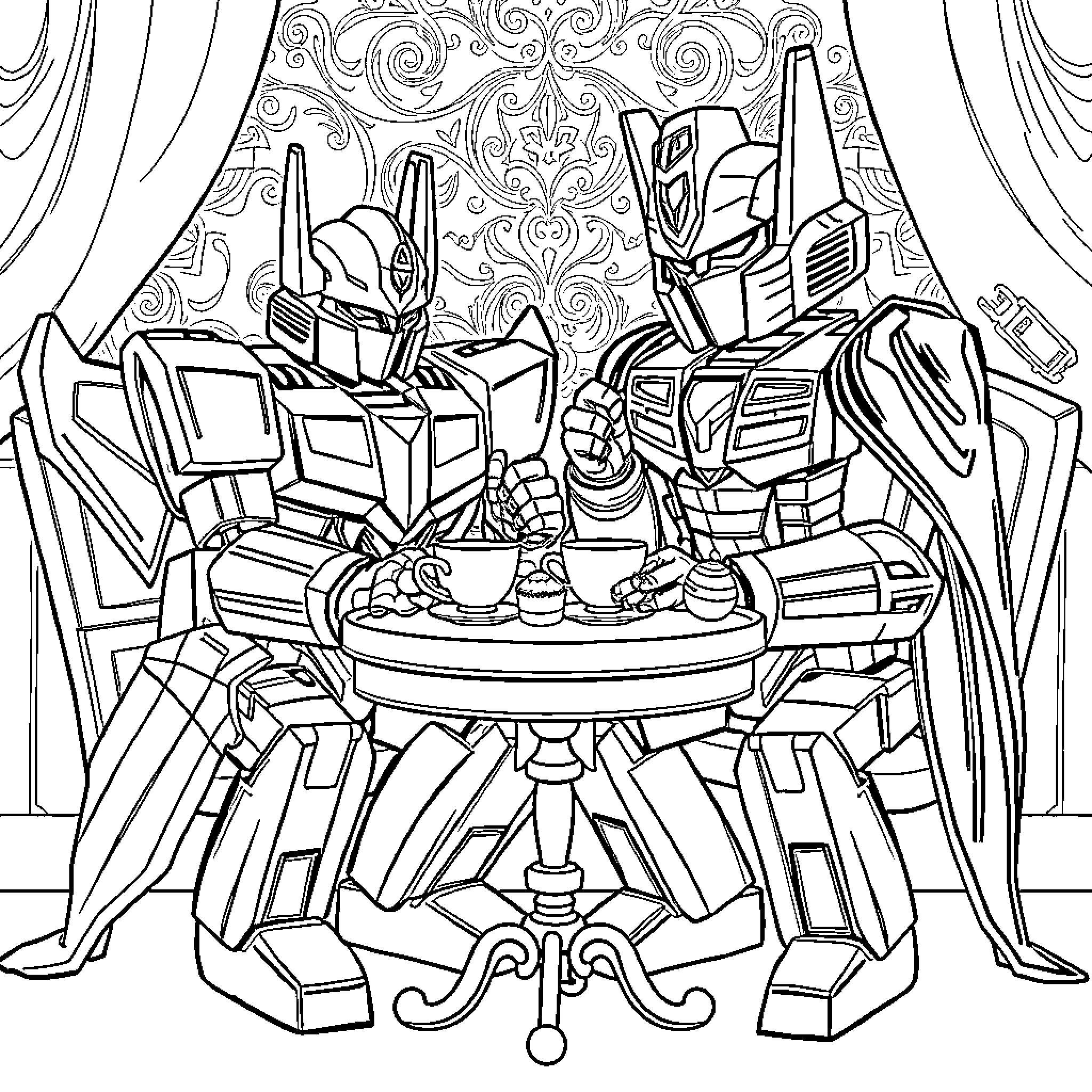 Megatron's Transformative Tea Party Coloring Page (free black-and-white line drawing printable PDF for all, from beginners to advanced learners, including children, teens, adults, and seniors)