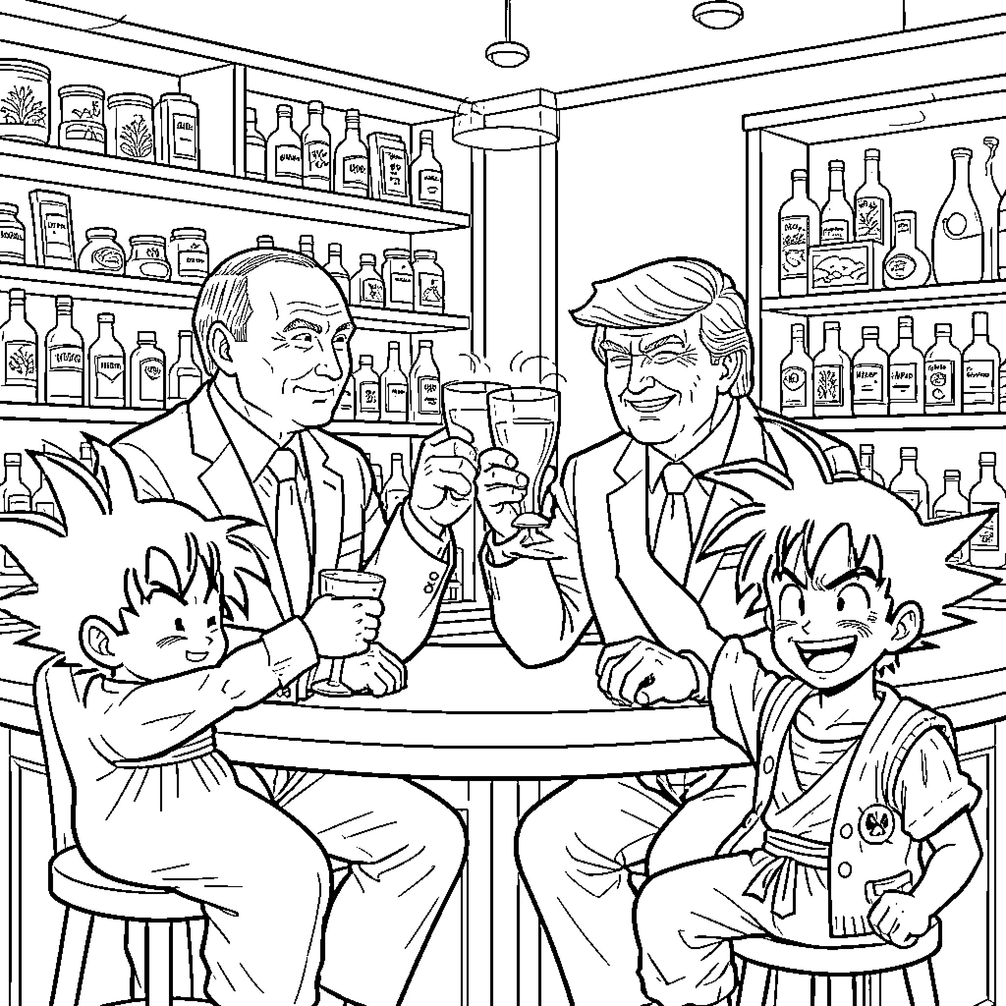 Vladimir Putin Enjoying a Drink with Friends in a Bar Coloring Page (free black-and-white line drawing printable PDF for all, from beginners to advanced learners, including children, teens, adults, and seniors)