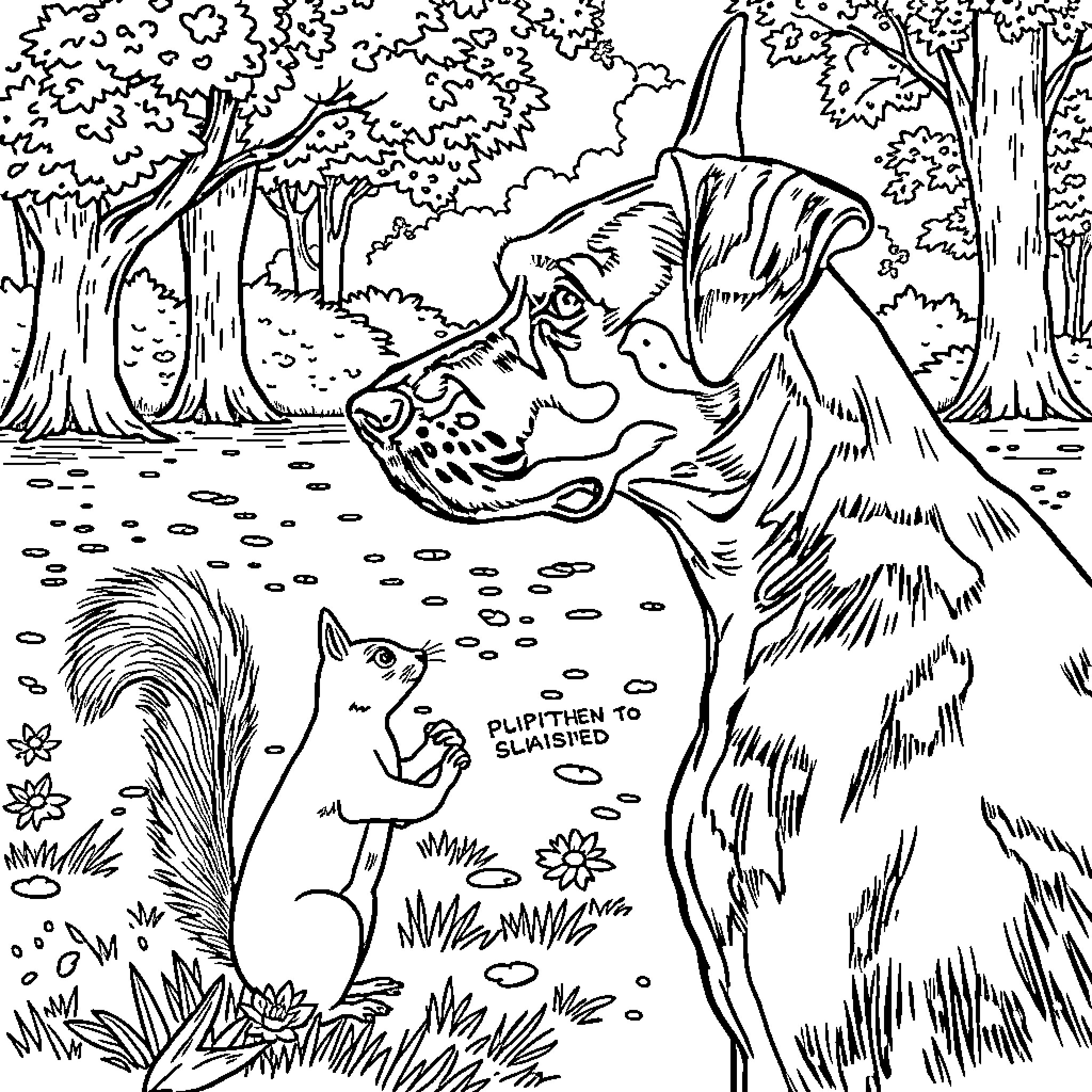 Pointer dog and squirrel in forest scene Coloring Page (free black-and-white line drawing printable PDF for all, from beginners to advanced learners, including children, teens, adults, and seniors)