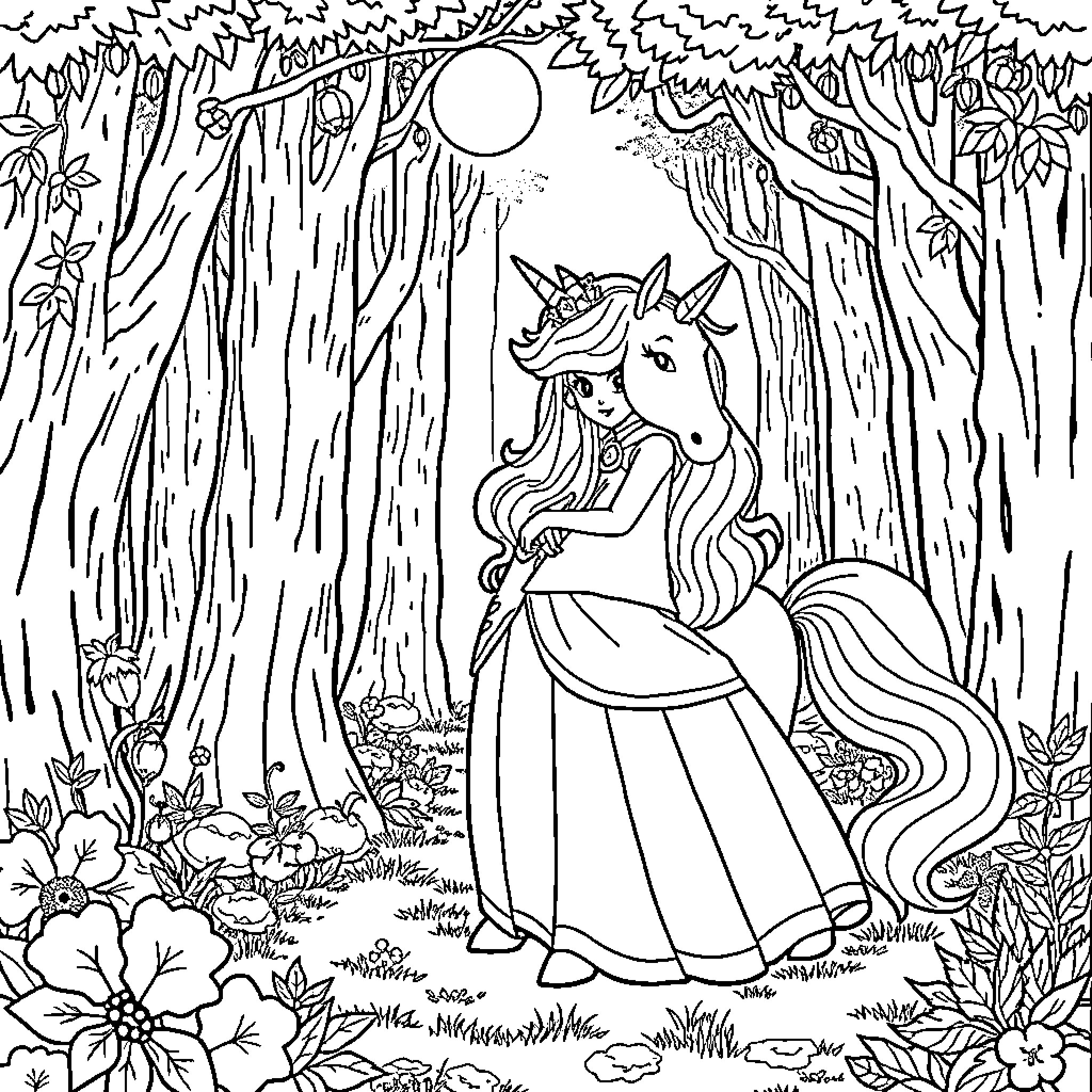 Princess in the Enchanted Forest Coloring Page (free black-and-white line drawing printable PDF for all, from beginners to advanced learners, including children, teens, adults, and seniors)