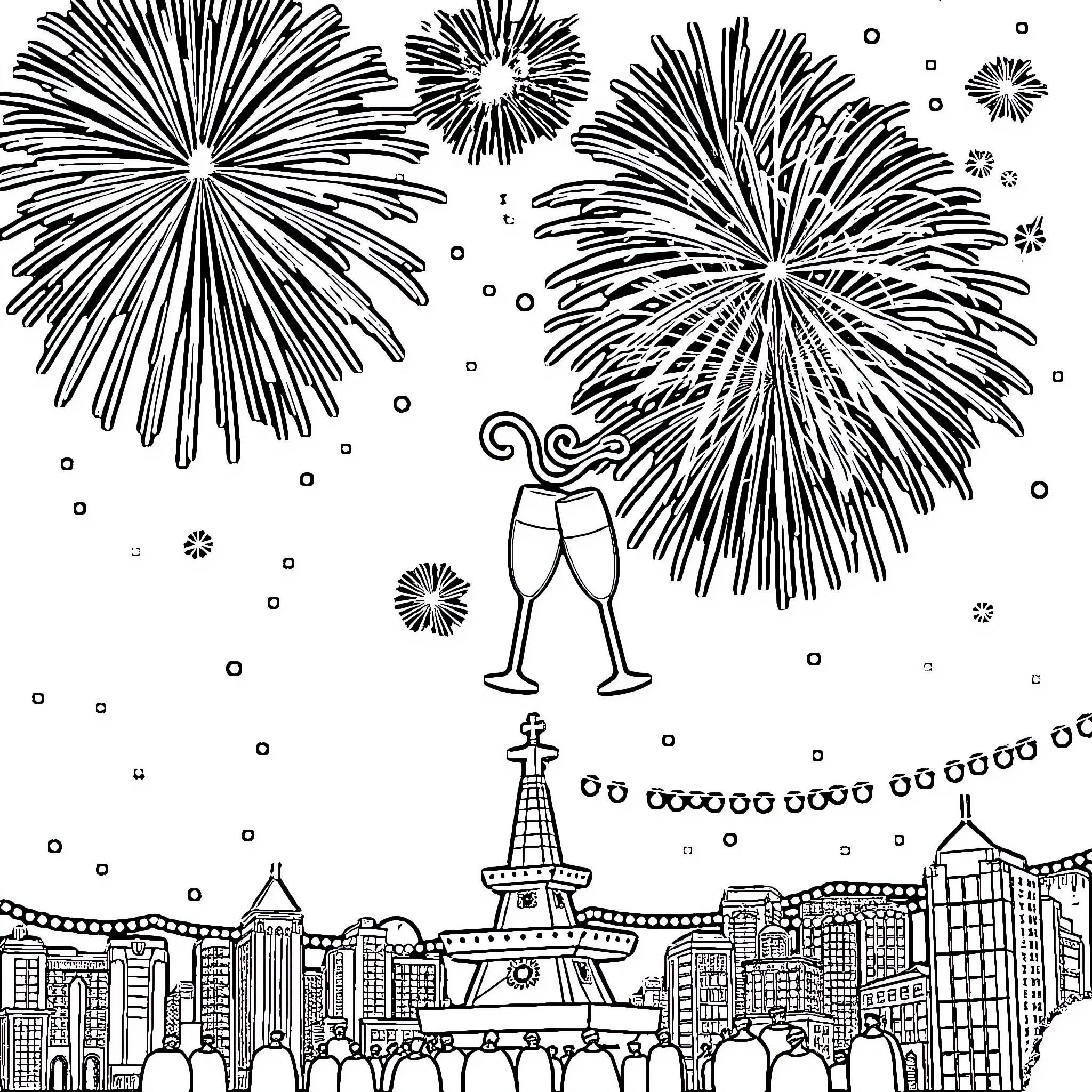 Napoletano Fireworks over City Skyline Celebration Coloring Page (free black-and-white line drawing printable PDF for all, from beginners to advanced learners, including children, teens, adults, and seniors)