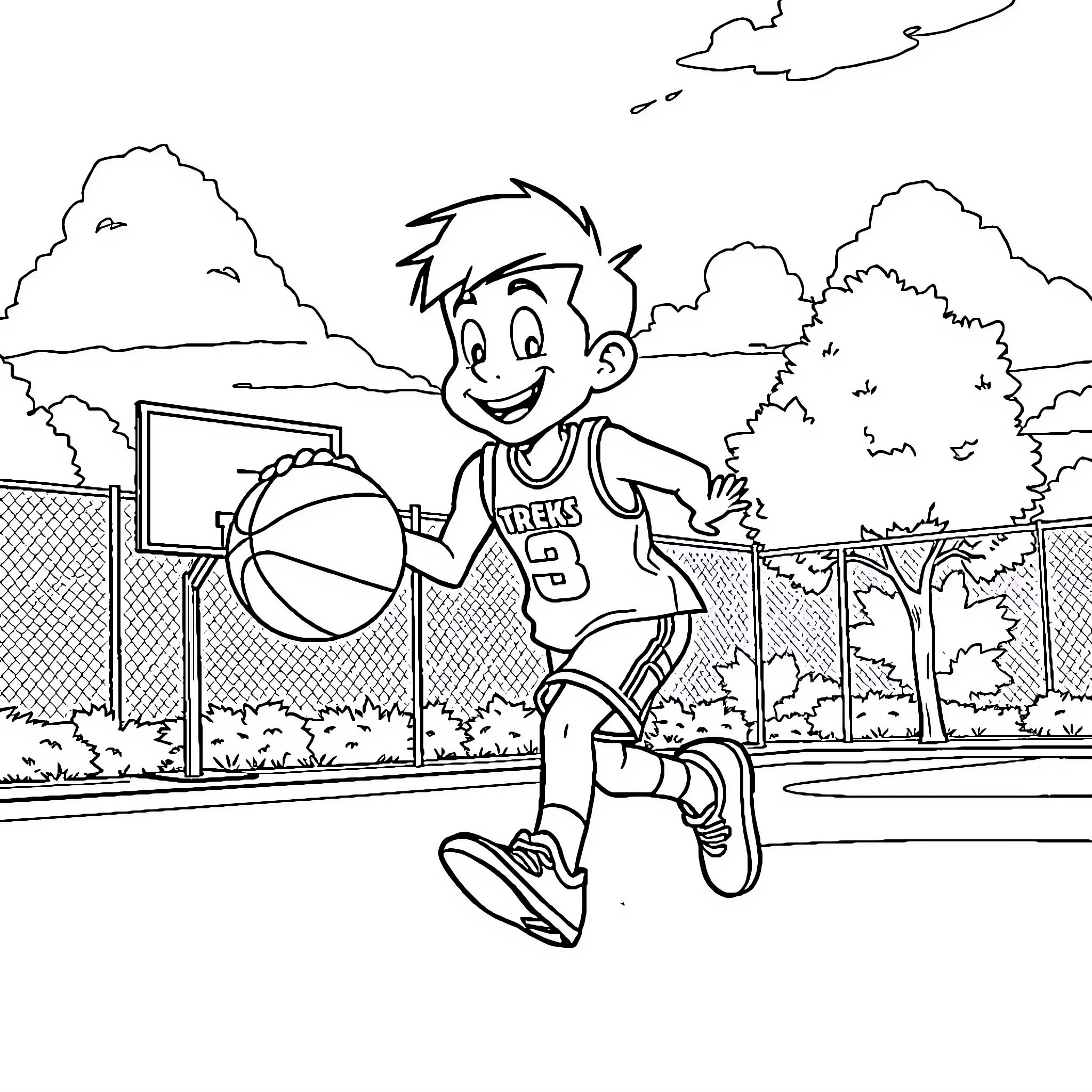 Jack Tripper playing basketball on the court Coloring Page (free black-and-white line drawing printable PDF for all, from beginners to advanced learners, including children, teens, adults, and seniors)