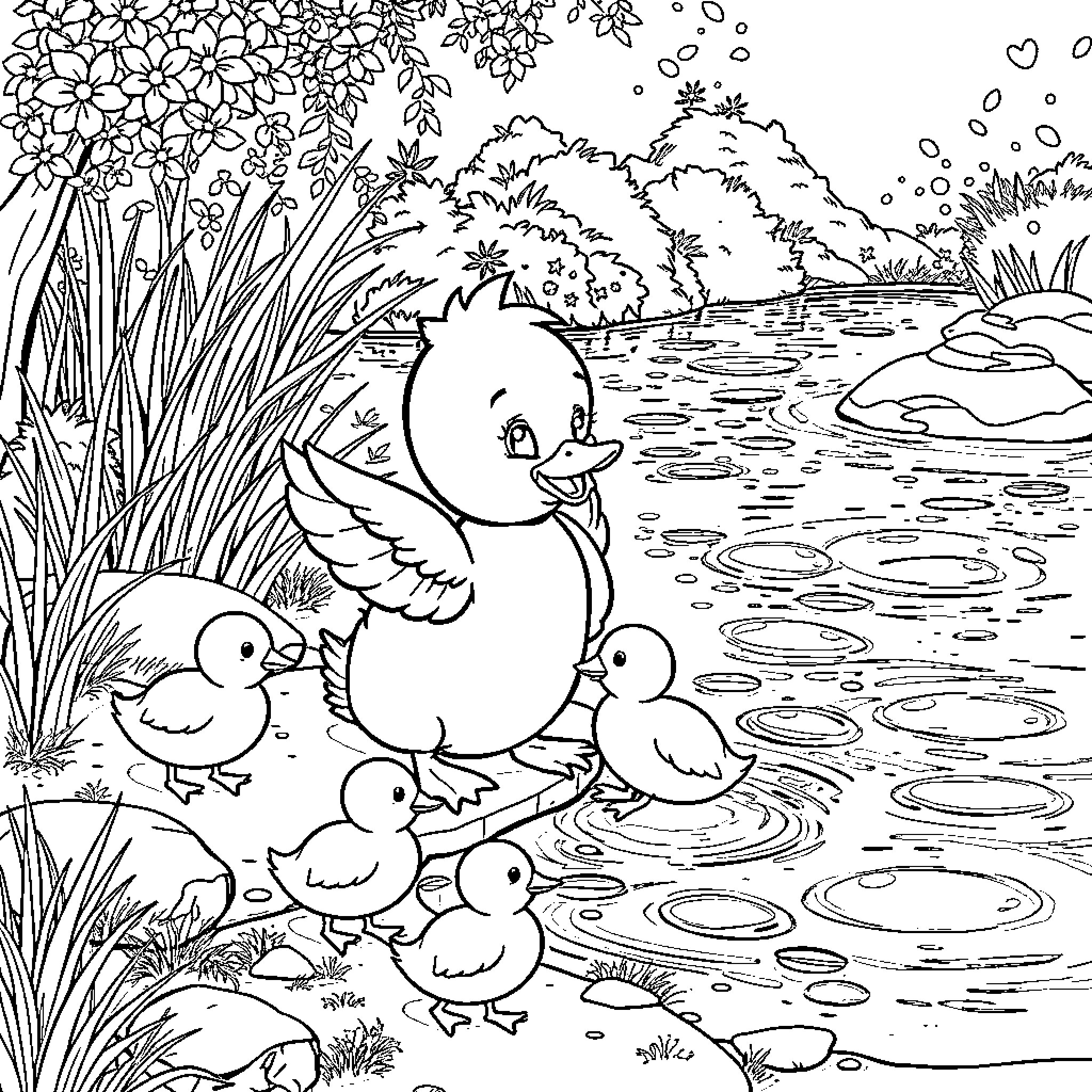 Bing Ducklings Swimming in Pond with Flowers Coloring Page (free black-and-white line drawing printable PDF for all, from beginners to advanced learners, including children, teens, adults, and seniors)
