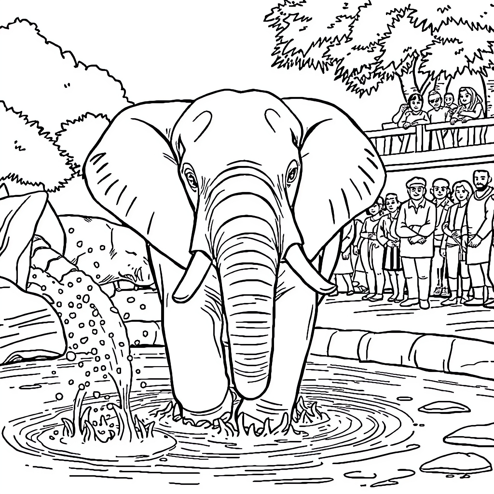 Elephant wading through water surrounded by onlookers Coloring Page (free black-and-white line drawing printable PDF for all, from beginners to advanced learners, including children, teens, adults, and seniors)