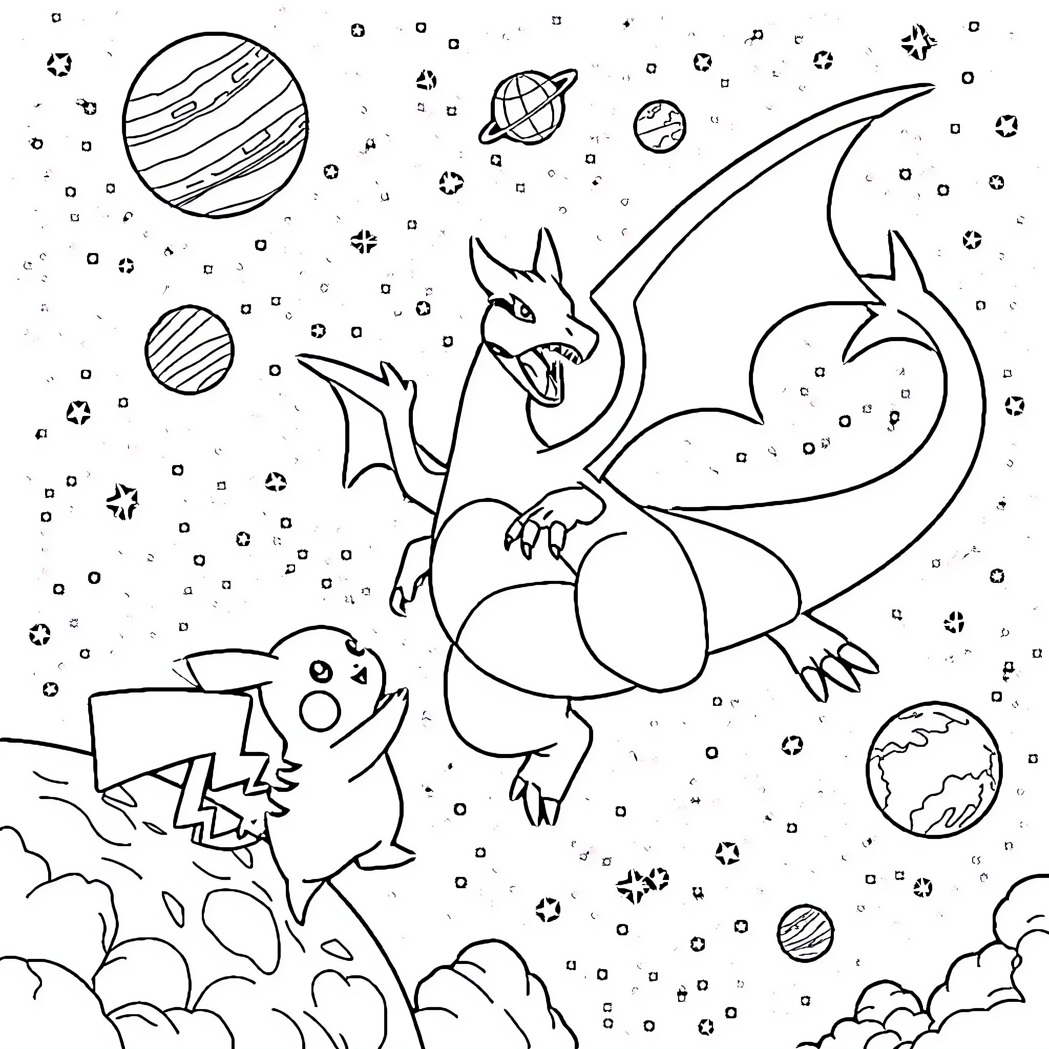 Charizard soaring through the cosmic landscape Coloring Page (free black-and-white line drawing printable PDF for all, from beginners to advanced learners, including children, teens, adults, and seniors)