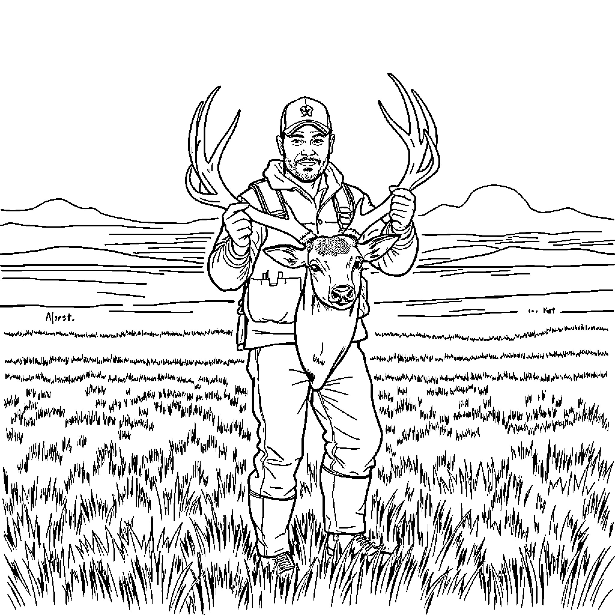 Deer hunter in the wilderness Coloring Page (free black-and-white line drawing printable PDF for all, from beginners to advanced learners, including children, teens, adults, and seniors)