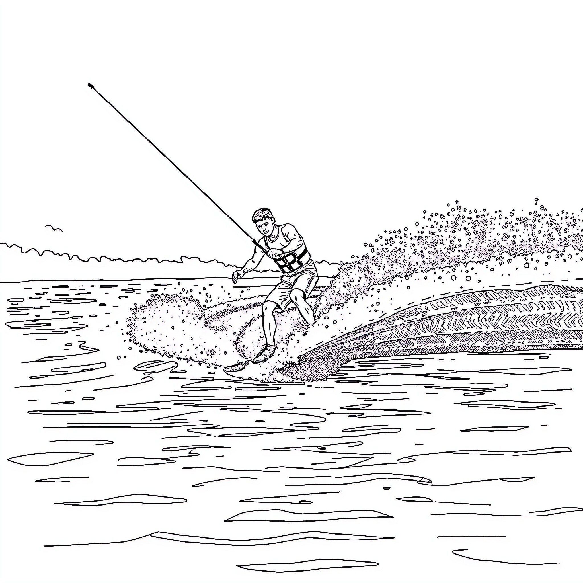 Man surfing waves in the ocean Coloring Page (free black-and-white line drawing printable PDF for all, from beginners to advanced learners, including children, teens, adults, and seniors)