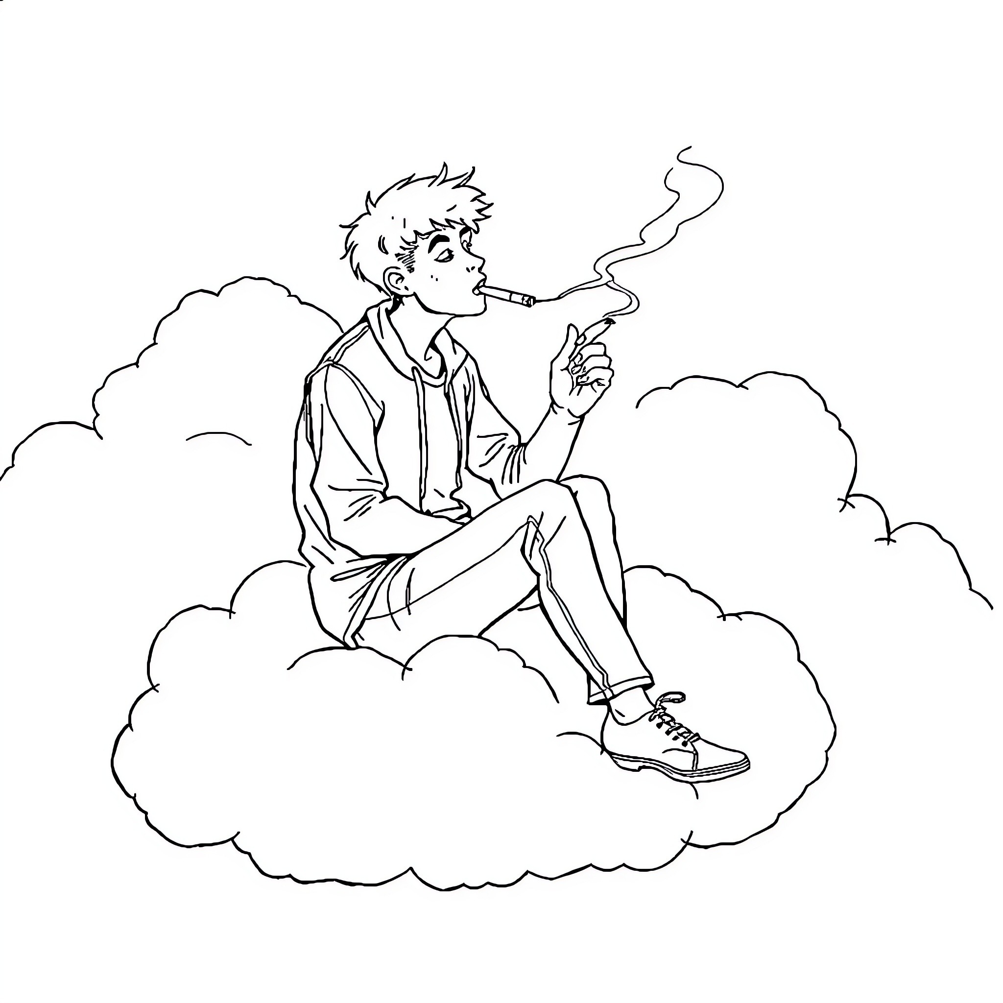 Person smoking on a cloud Coloring Page (free black-and-white line drawing printable PDF for all, from beginners to advanced learners, including children, teens, adults, and seniors)