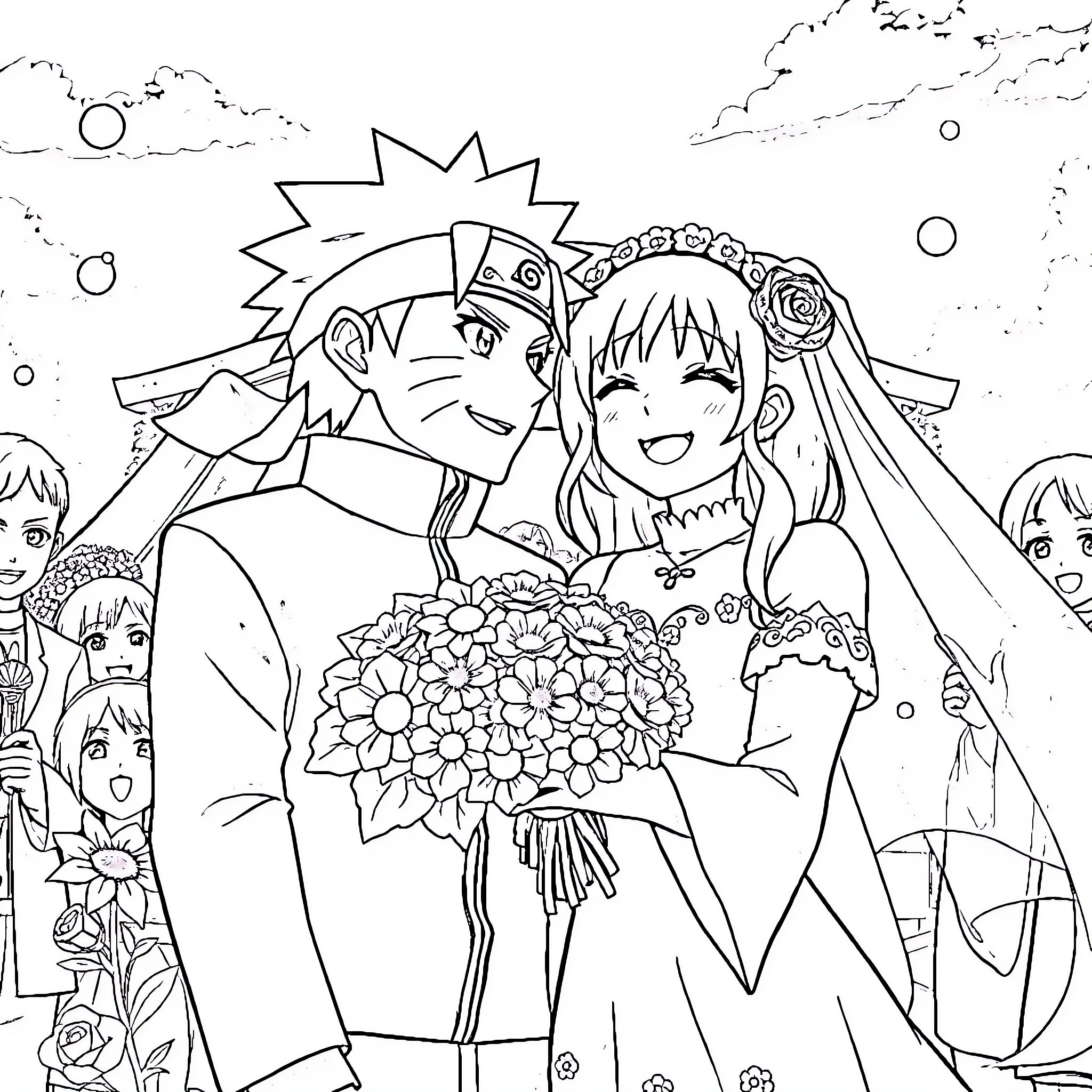 Naruto and Friends in a Joyful Wedding Celebration Coloring Page (free black-and-white line drawing printable PDF for all, from beginners to advanced learners, including children, teens, adults, and seniors)