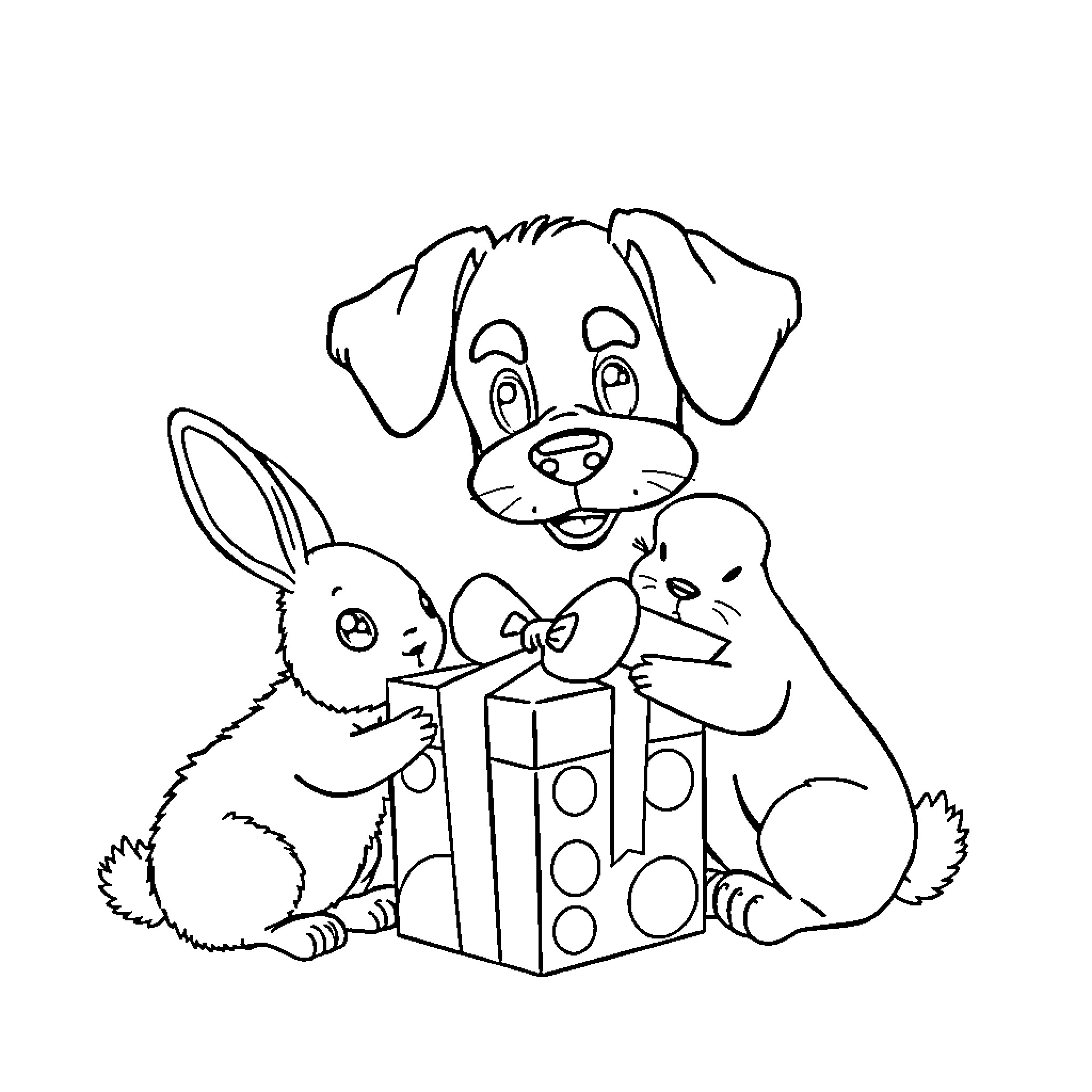Puppy and friends enjoying a gift box Coloring Page (free black-and-white line drawing printable PDF for all, from beginners to advanced learners, including children, teens, adults, and seniors)