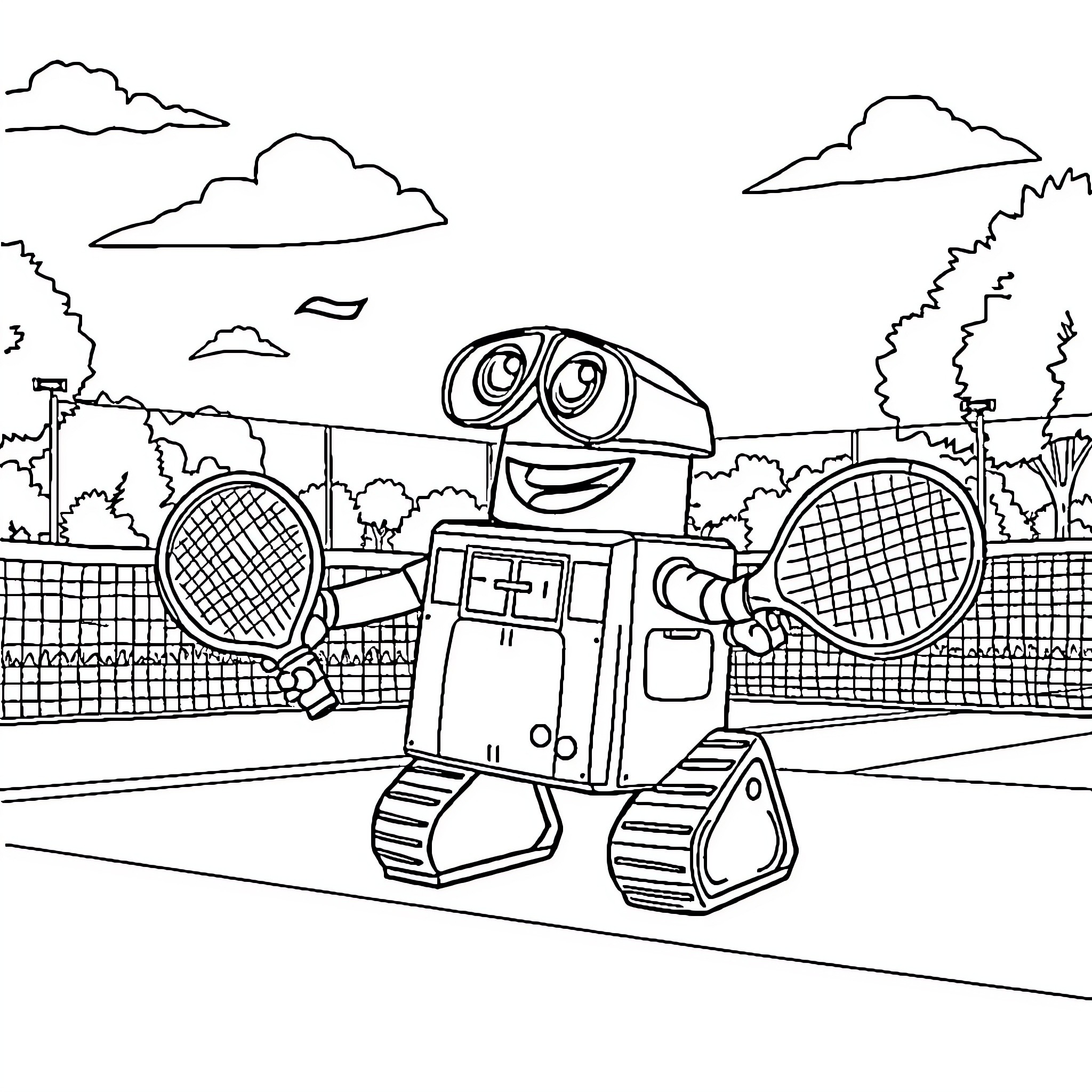 WALL·E playing tennis on the court Coloring Page (free black-and-white line drawing printable PDF for all, from beginners to advanced learners, including children, teens, adults, and seniors)