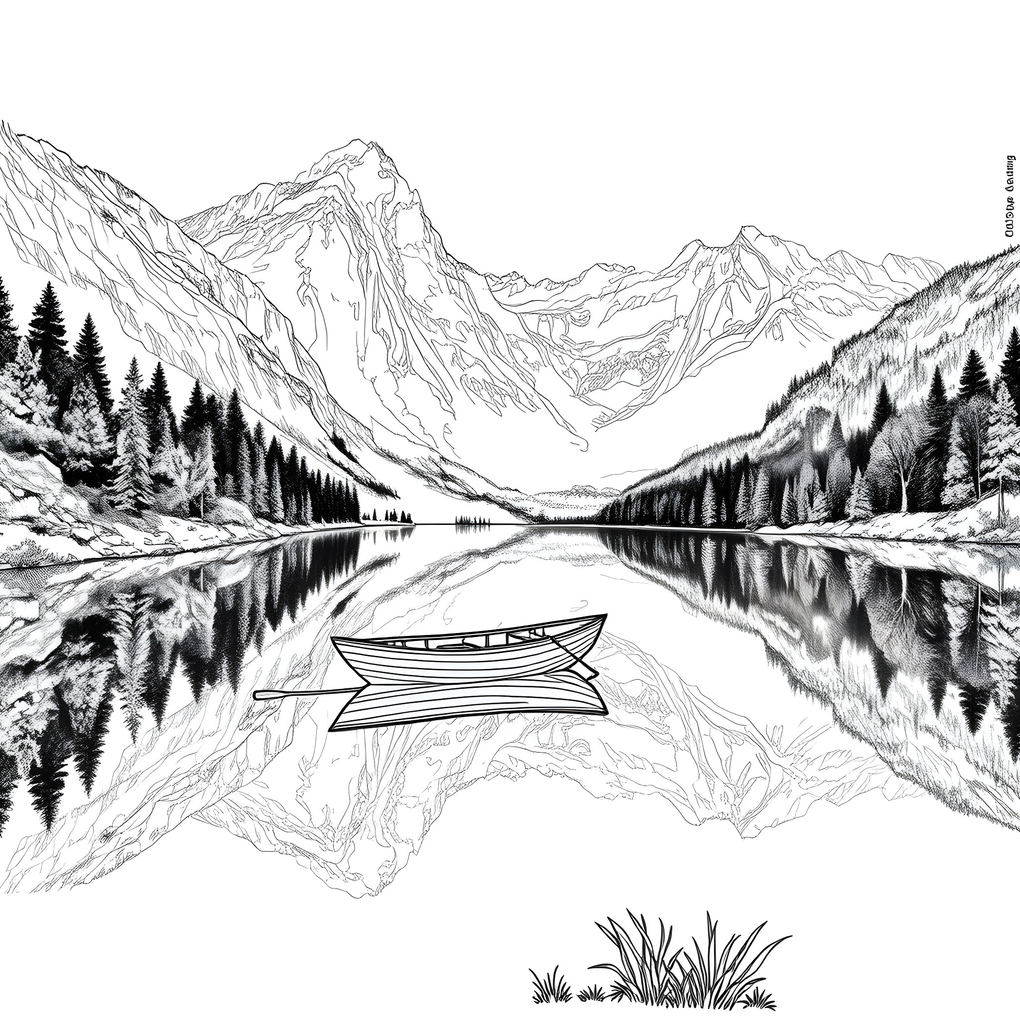 Boat floating on a serene mountain lake Coloring Page (free black-and-white line drawing printable PDF for all, from beginners to advanced learners, including children, teens, adults, and seniors)