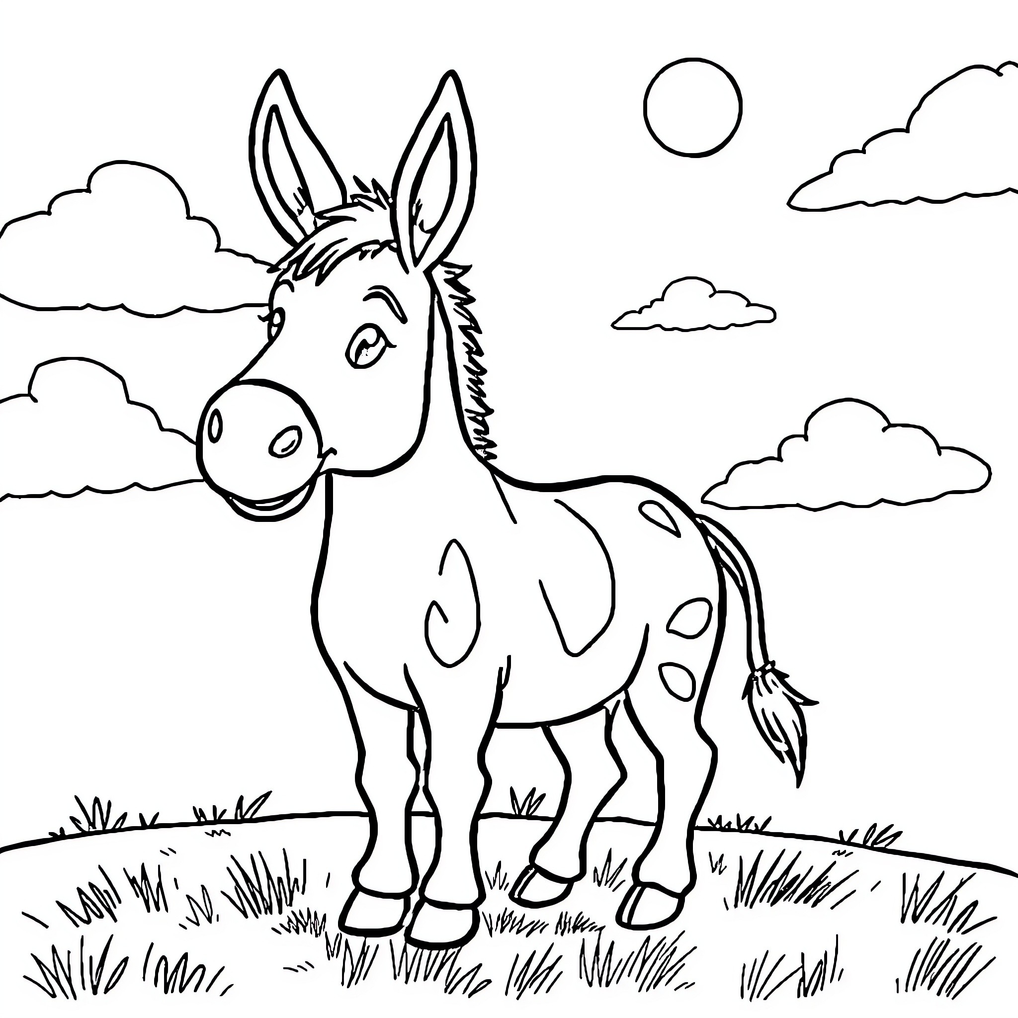 Donkey enjoying the sunny outdoors Coloring Page (free black-and-white line drawing printable PDF for all, from beginners to advanced learners, including children, teens, adults, and seniors)
