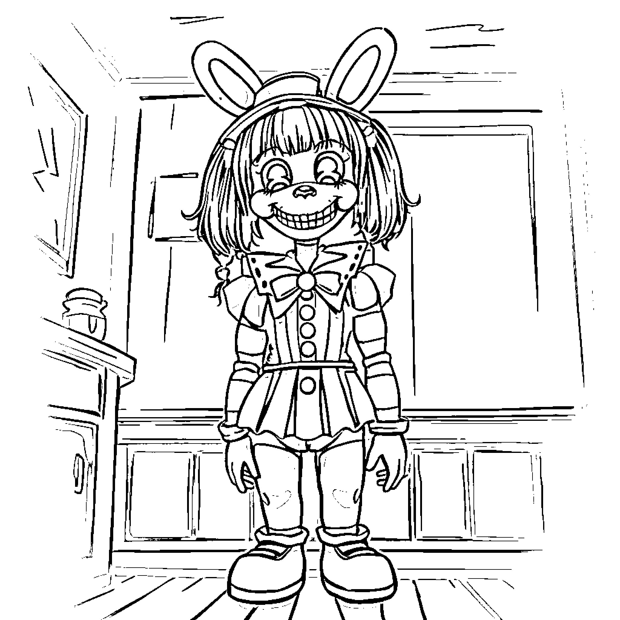 Marionette girl with bunny ears and bowtie costume Coloring Page (free black-and-white line drawing printable PDF for all, from beginners to advanced learners, including children, teens, adults, and seniors)