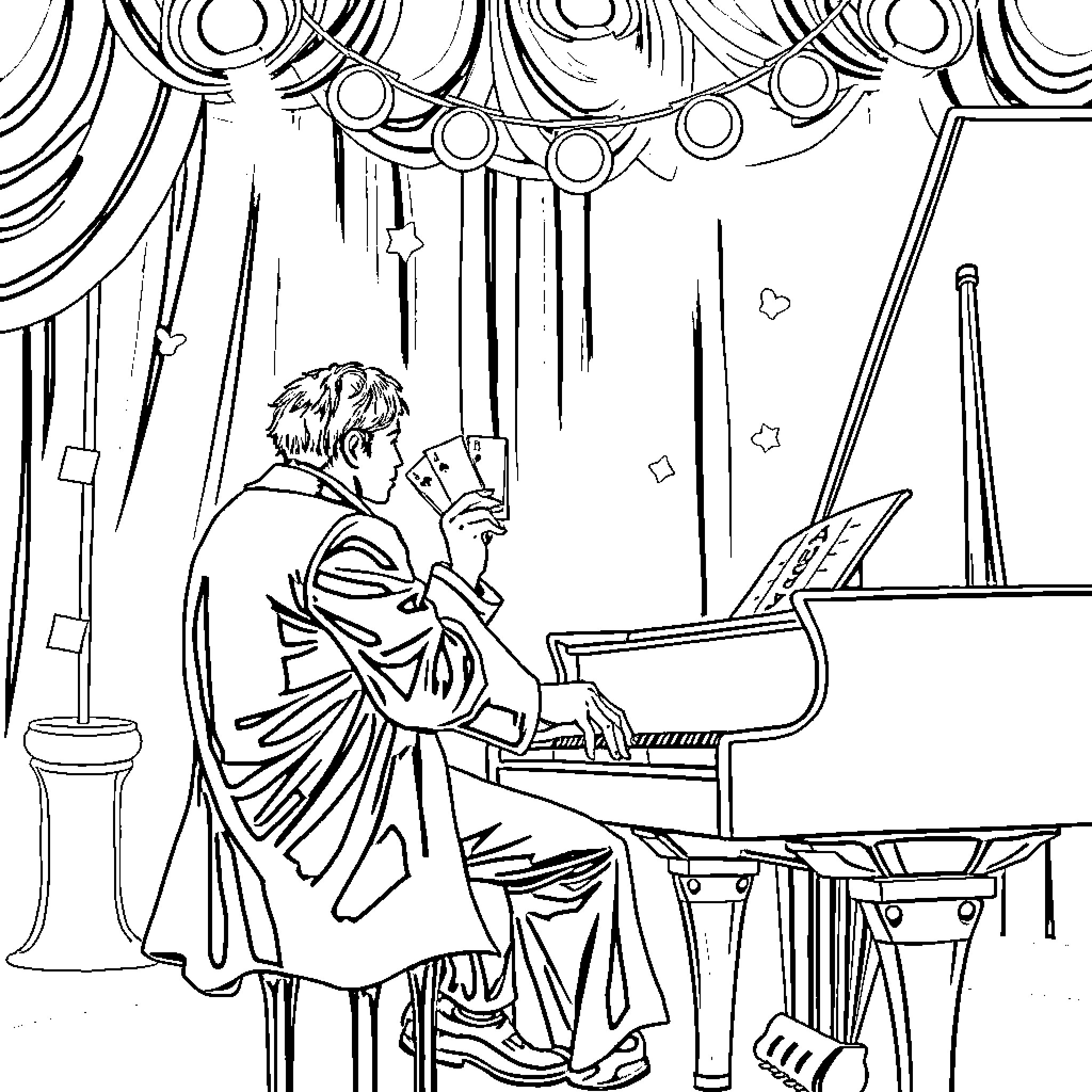 Magician performing magic trick on stage Coloring Page (free black-and-white line drawing printable PDF for all, from beginners to advanced learners, including children, teens, adults, and seniors)