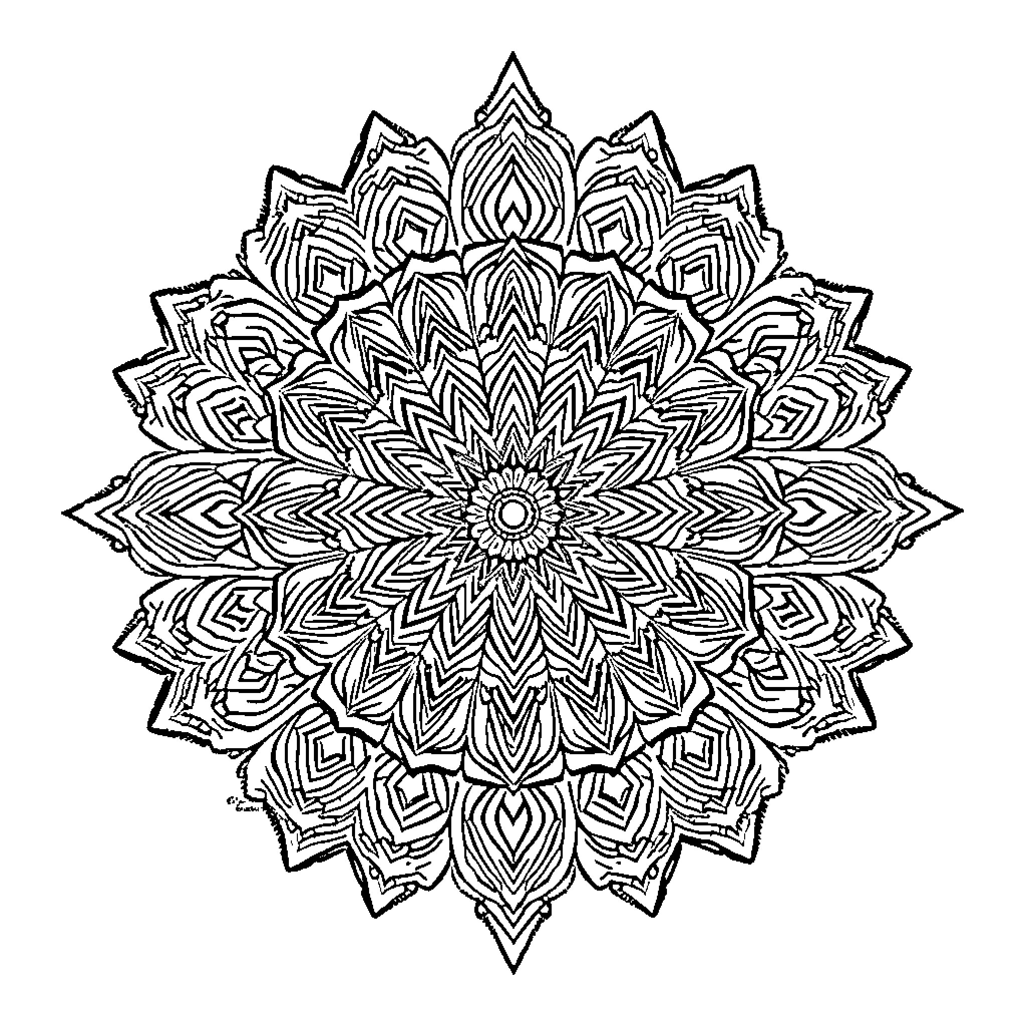 Mandala of intricate symmetrical design Coloring Page (free black-and-white line drawing printable PDF for all, from beginners to advanced learners, including children, teens, adults, and seniors)