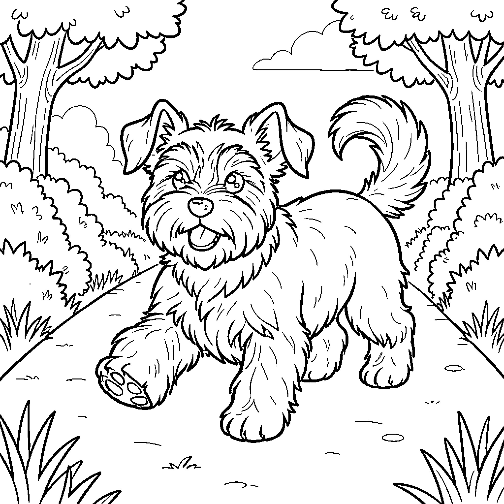 Schnauzer puppy running joyfully along a forest path Coloring Page (free black-and-white line drawing printable PDF for all, from beginners to advanced learners, including children, teens, adults, and seniors)