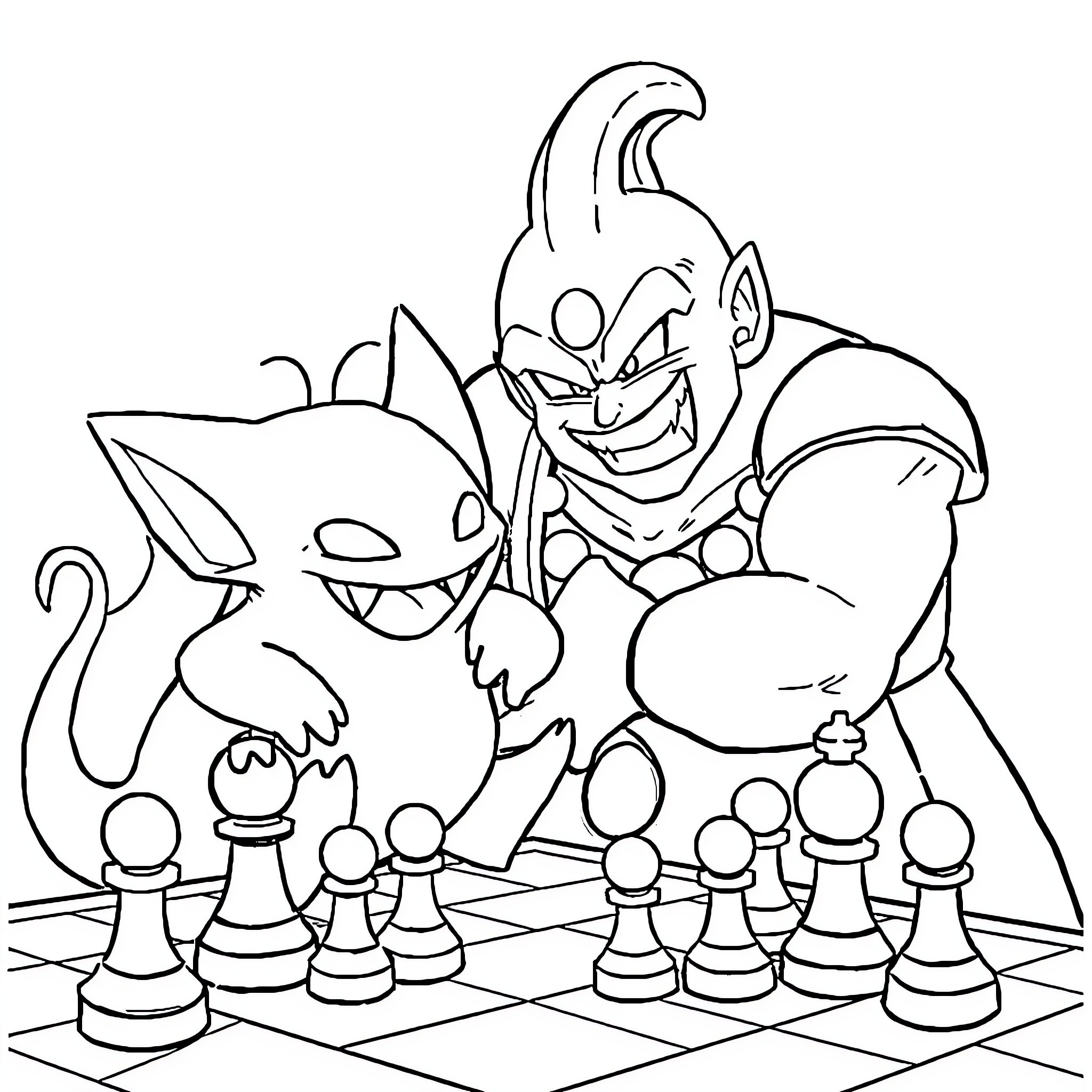 Gengar enjoying a game of chess with Gastly Coloring Page (free black-and-white line drawing printable PDF for all, from beginners to advanced learners, including children, teens, adults, and seniors)