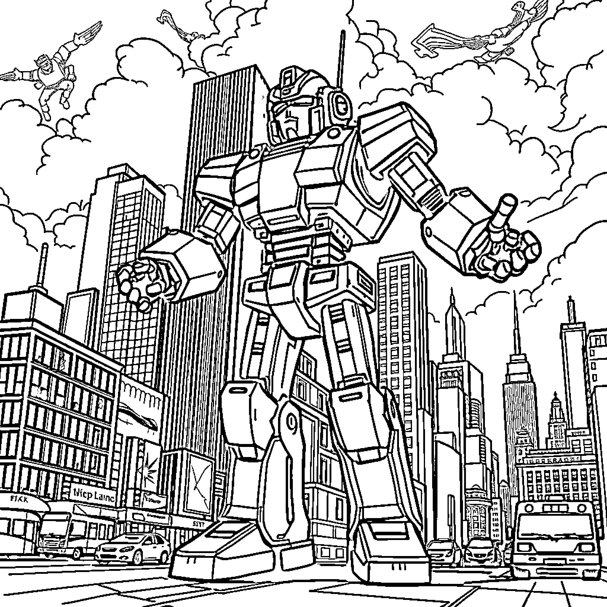 Robot Defender Towers Over Futuristic City Coloring Page (free black-and-white line drawing printable PDF for all, from beginners to advanced learners, including children, teens, adults, and seniors)
