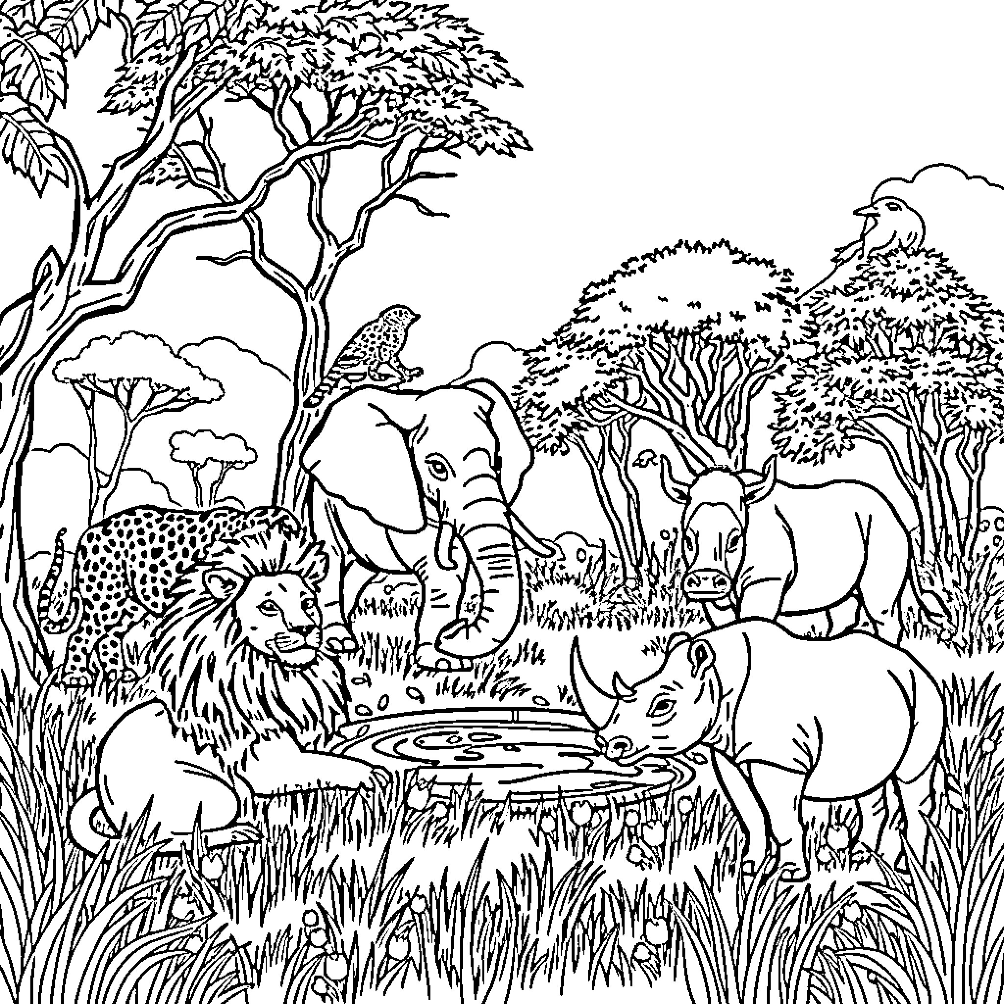 Big 5 Wild Animals Enjoying Nature Coloring Page (free black-and-white line drawing printable PDF for all, from beginners to advanced learners, including children, teens, adults, and seniors)