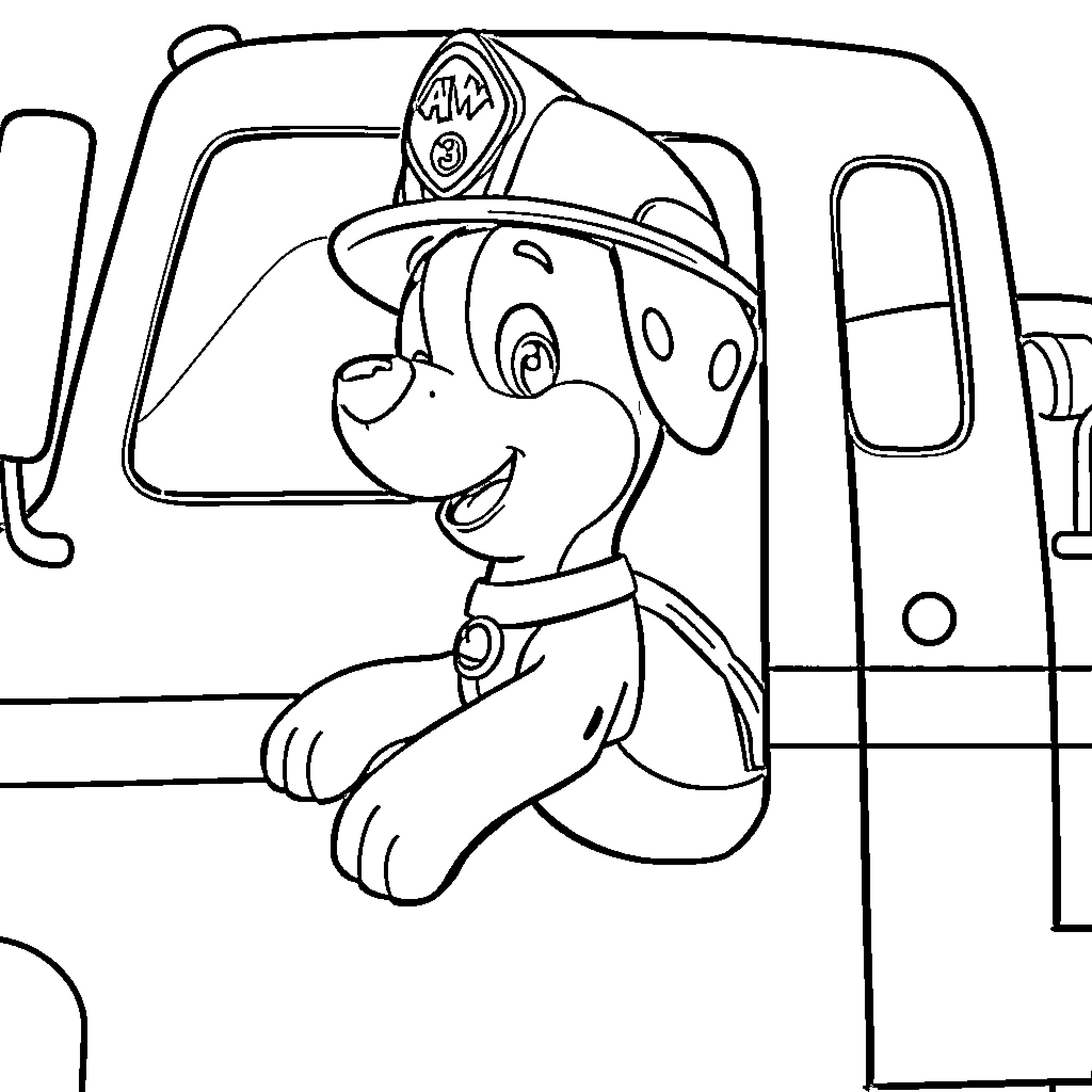 Marshall's Adventure with Firefighting Truck Coloring Page (free black-and-white line drawing printable PDF for all, from beginners to advanced learners, including children, teens, adults, and seniors)