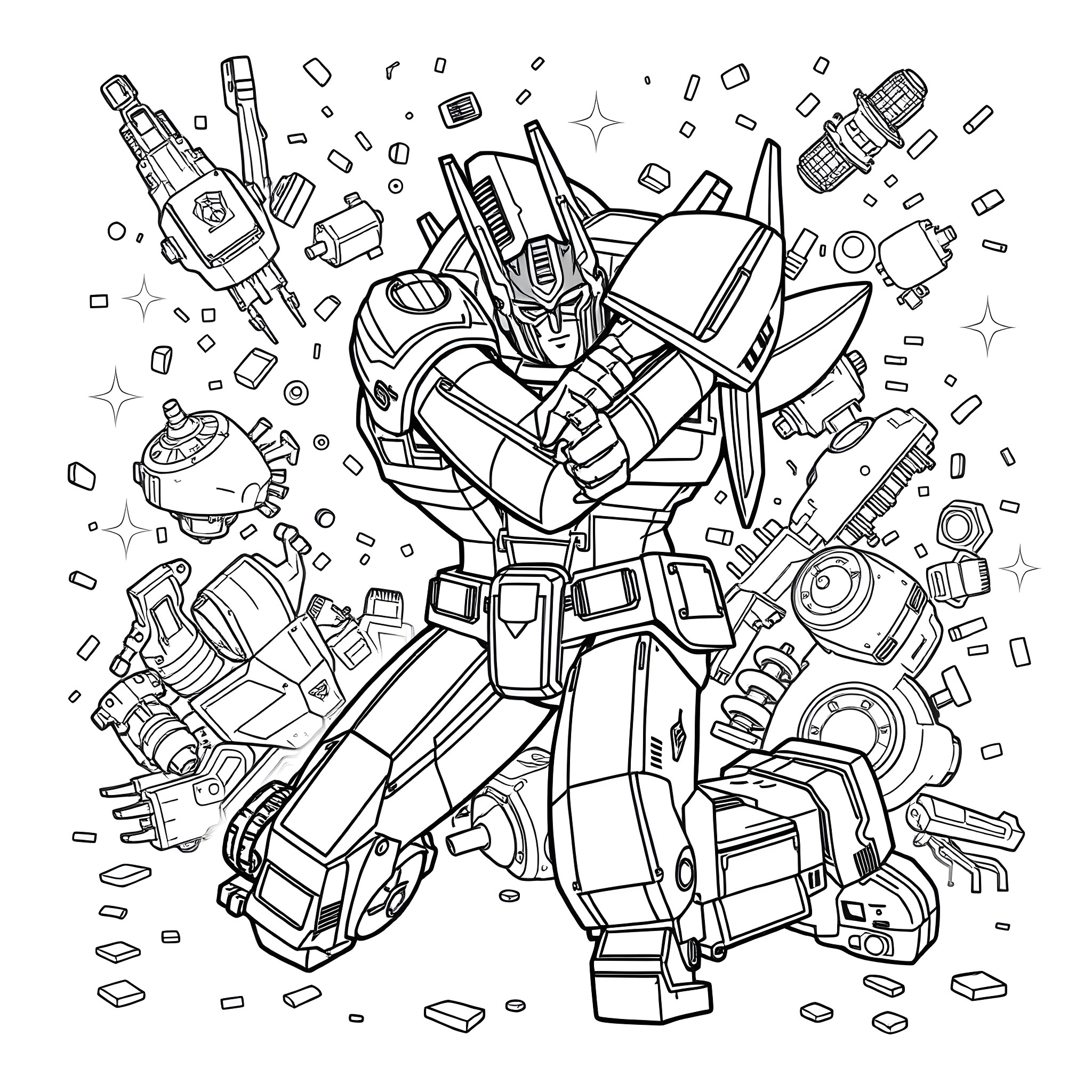Optimus Prime in heroic pose surrounded by sci-fi elements Coloring Page (free black-and-white line drawing printable PDF for all, from beginners to advanced learners, including children, teens, adults, and seniors)