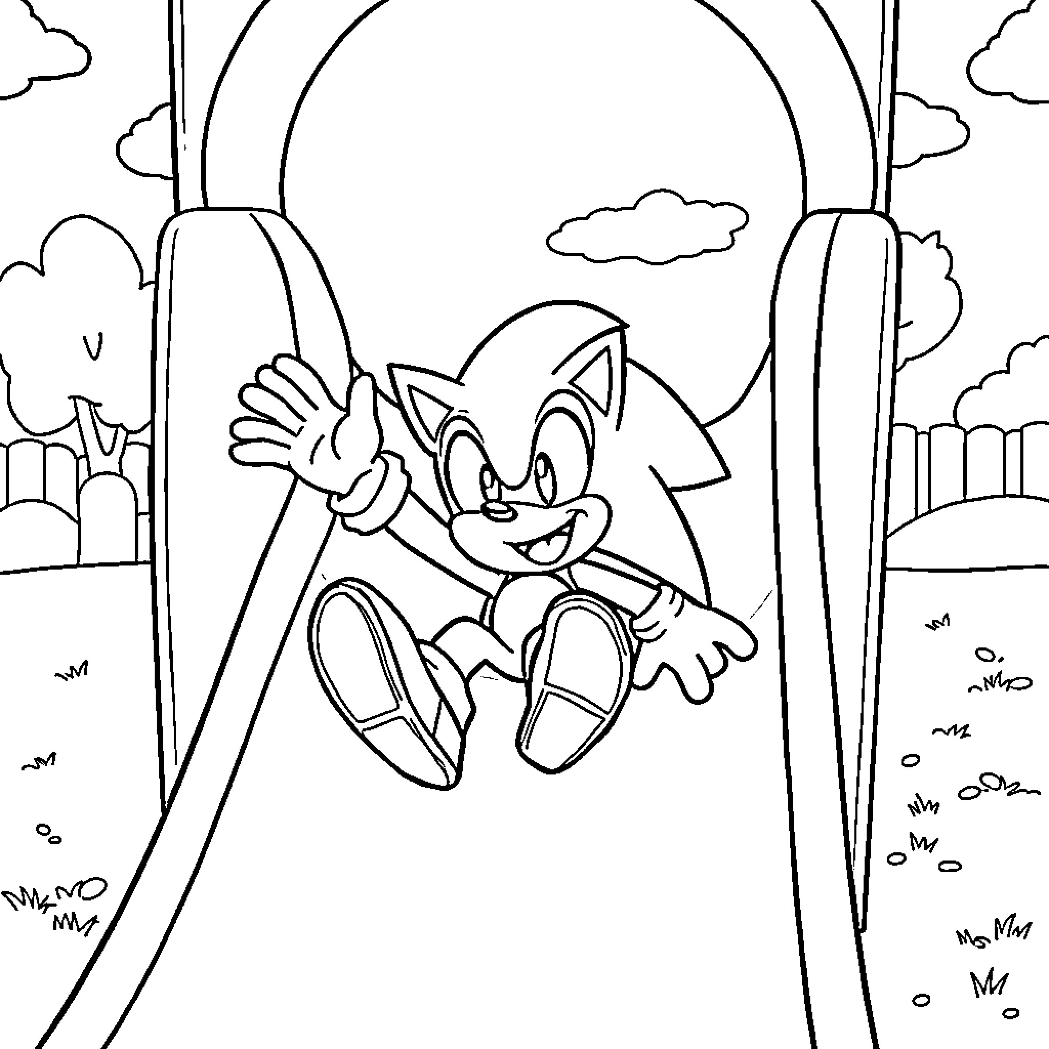 Sonic Enjoying Nature's Wonders Coloring Page (free black-and-white line drawing printable PDF for all, from beginners to advanced learners, including children, teens, adults, and seniors)