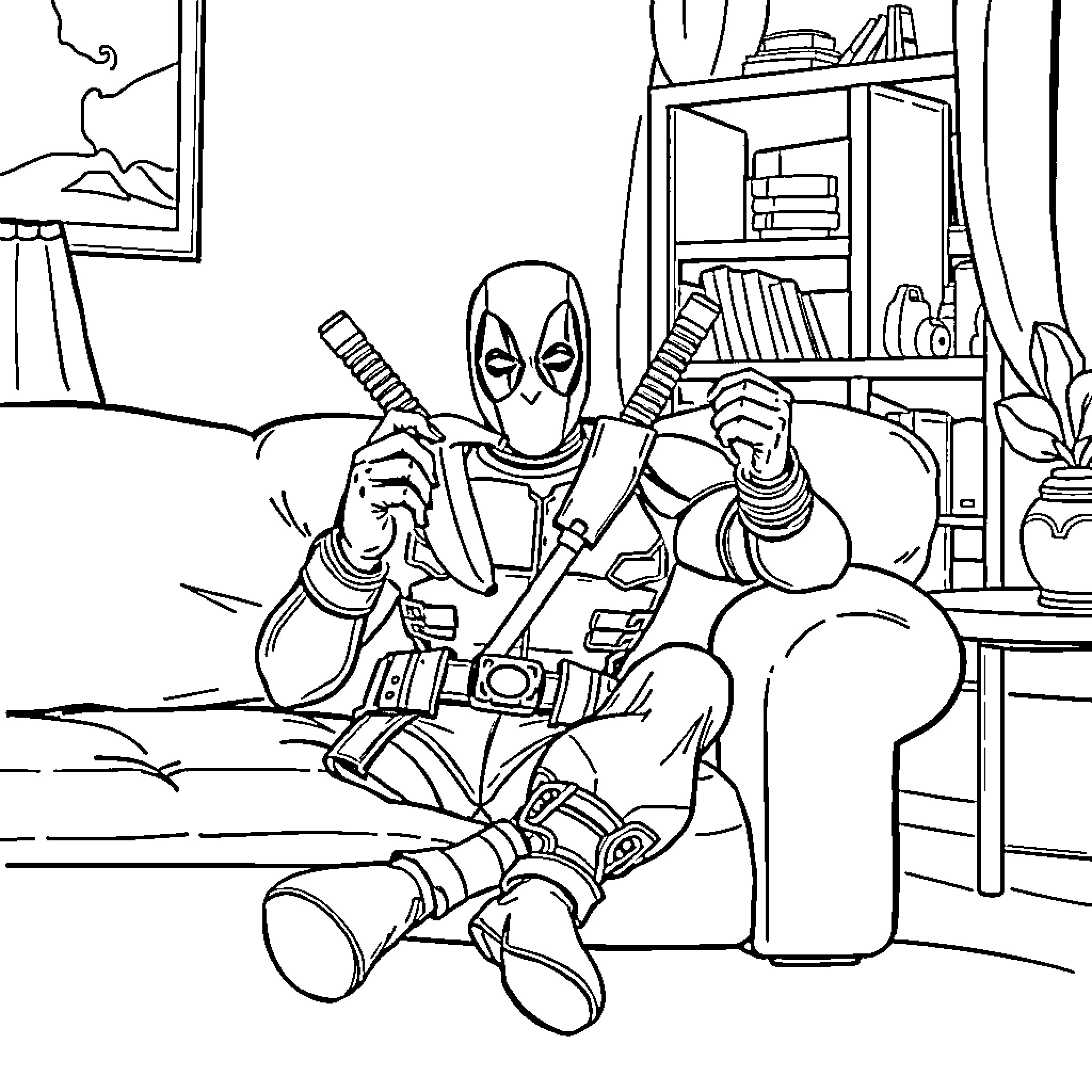 Deadpool relaxing in his secret lair Coloring Page (free black-and-white line drawing printable PDF for all, from beginners to advanced learners, including children, teens, adults, and seniors)