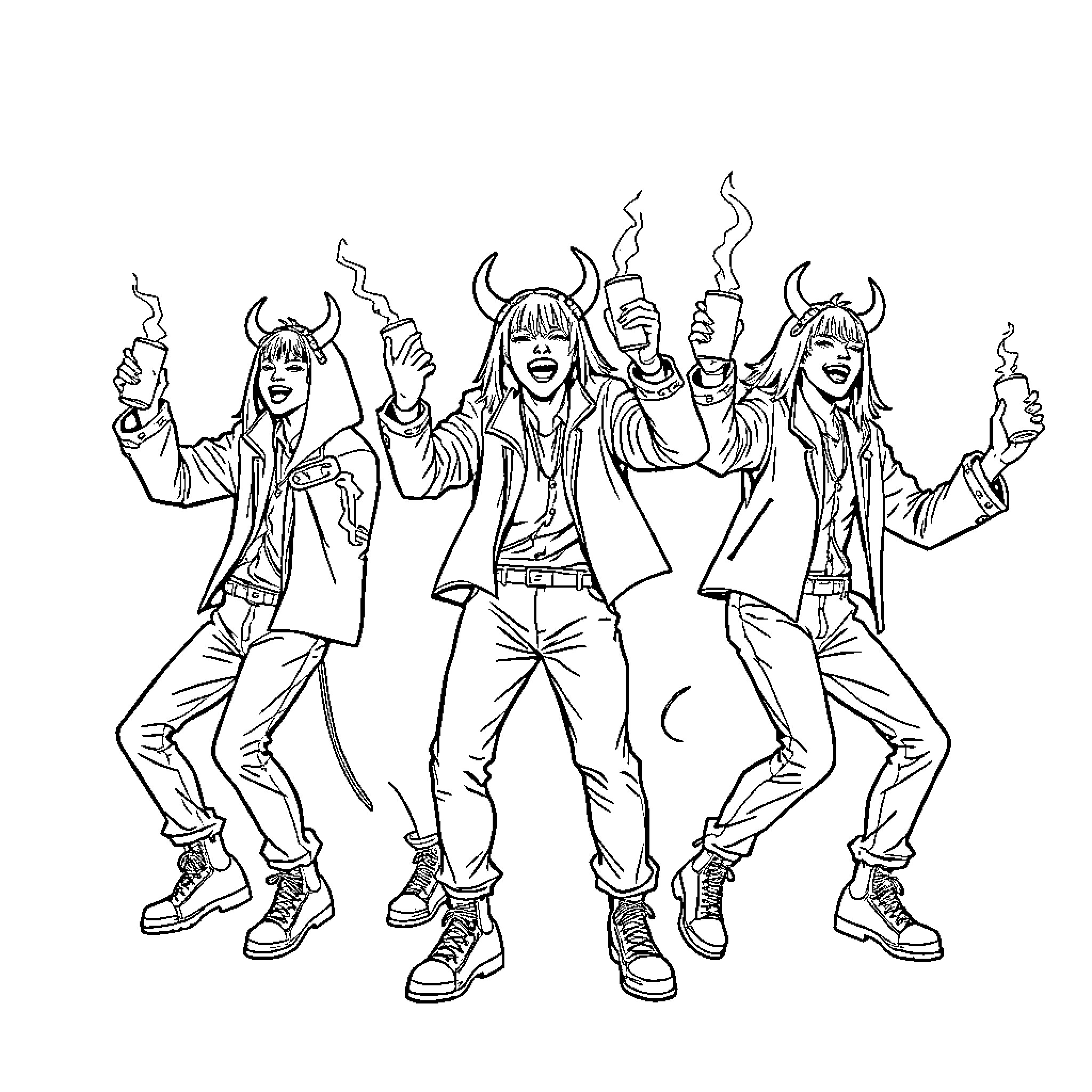 Demon Hunters Celebrating with Fiery Passion Coloring Page (free black-and-white line drawing printable PDF for all, from beginners to advanced learners, including children, teens, adults, and seniors)