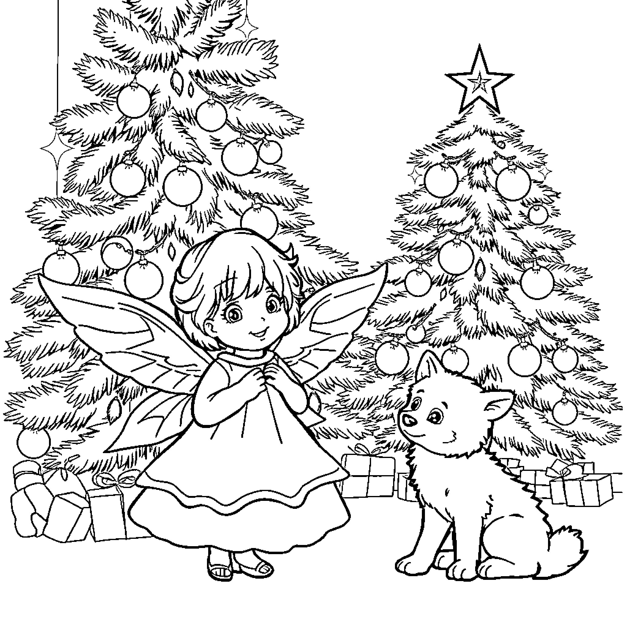 Angel Decorating Christmas Trees with Puppy Coloring Page (free black-and-white line drawing printable PDF for all, from beginners to advanced learners, including children, teens, adults, and seniors)