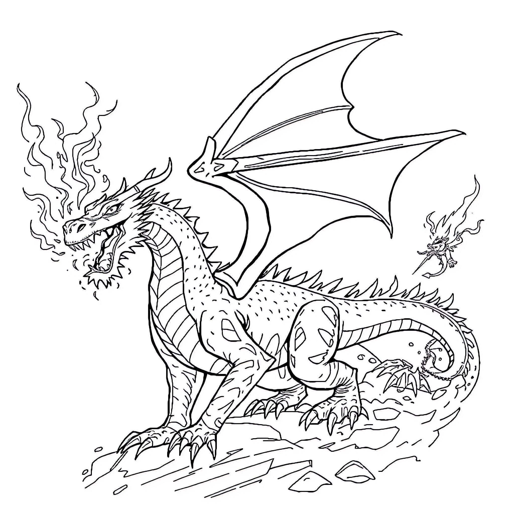 Drakofeu: Majestic Dragon in Fierce Pose Coloring Page (free black-and-white line drawing printable PDF for all, from beginners to advanced learners, including children, teens, adults, and seniors)