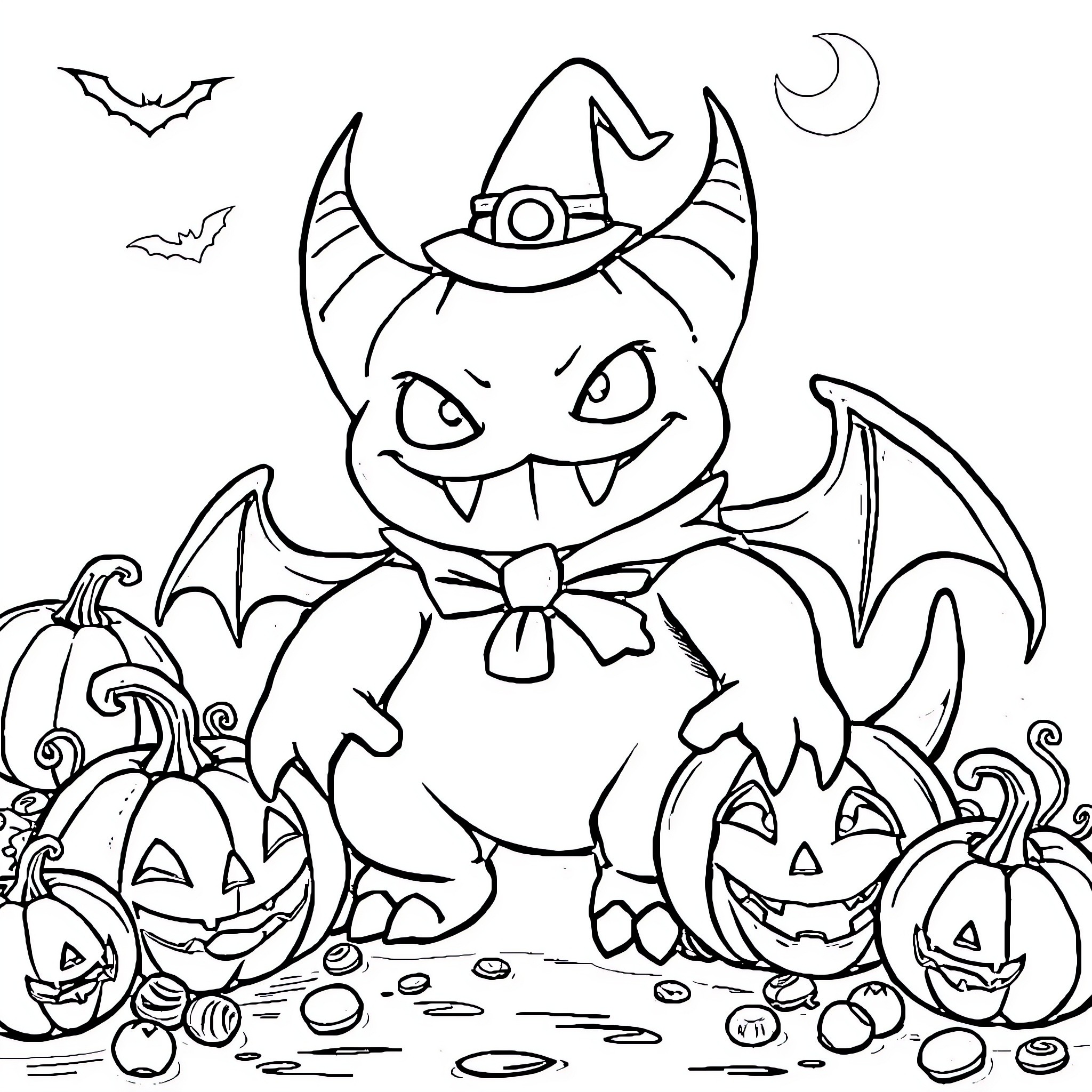 Gengar in Witchy Halloween Scene with Pumpkins Coloring Page (free black-and-white line drawing printable PDF for all, from beginners to advanced learners, including children, teens, adults, and seniors)