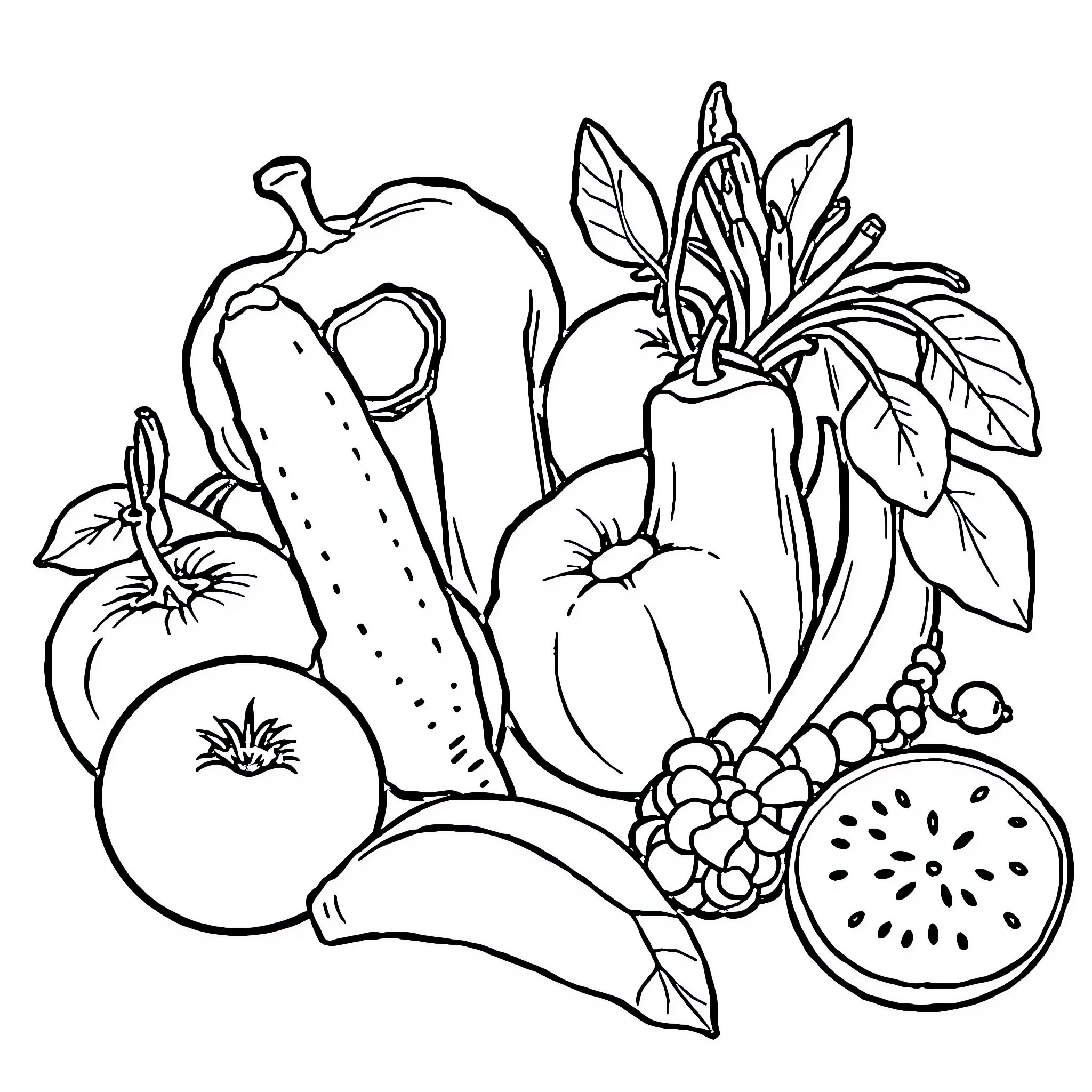 Food Arrangement with Varied Produce Coloring Page (free black-and-white line drawing printable PDF for all, from beginners to advanced learners, including children, teens, adults, and seniors)