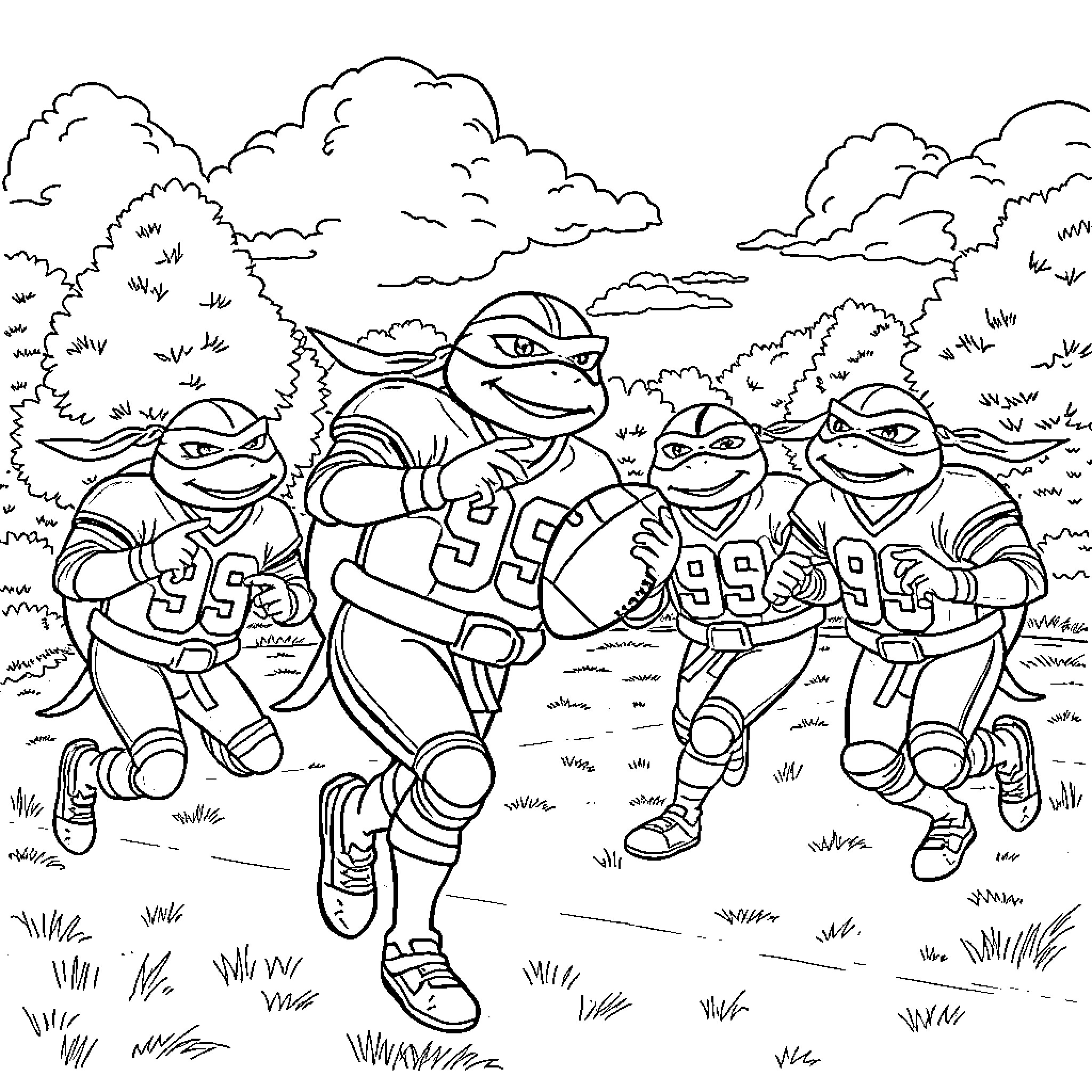 Ninja Turtles playing football in outdoor field Coloring Page (free black-and-white line drawing printable PDF for all, from beginners to advanced learners, including children, teens, adults, and seniors)