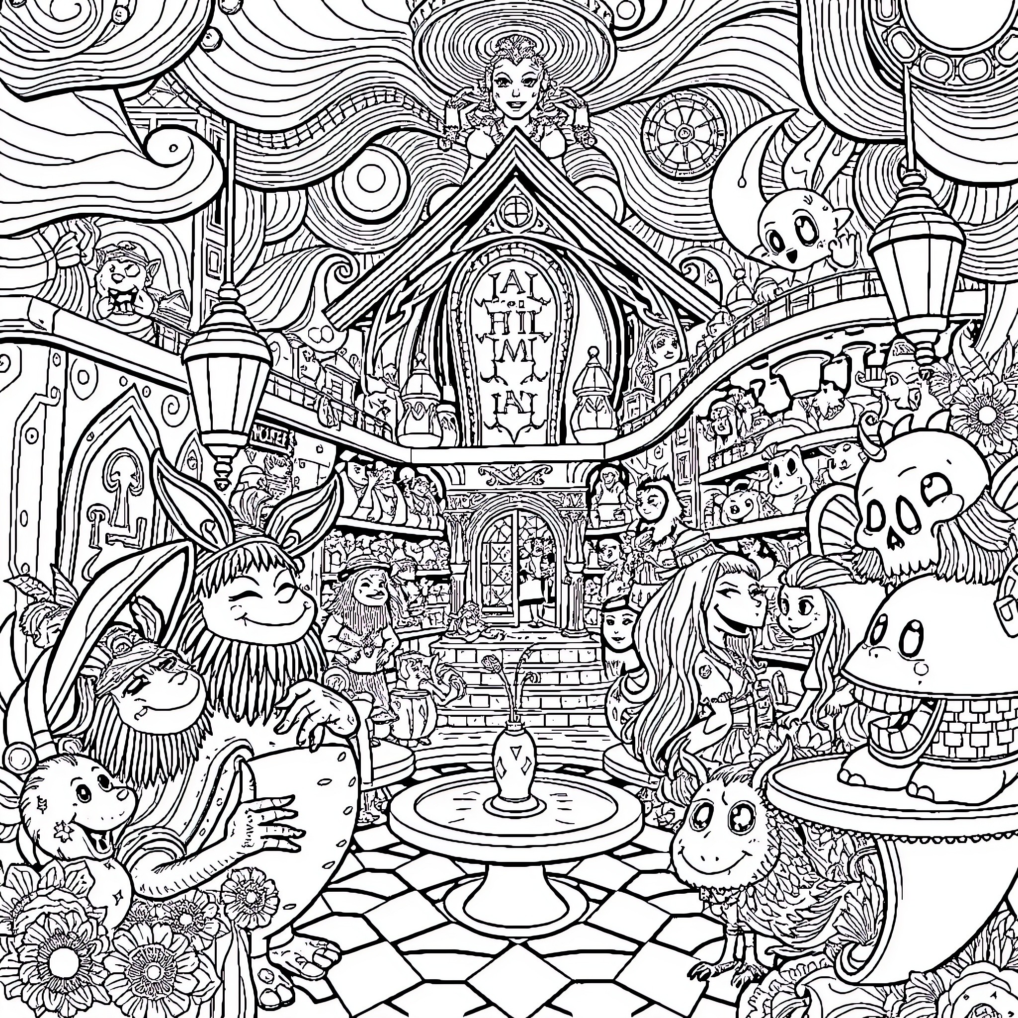 Hazbin Hotel: Vibrant and Whimsical Animated Gathering Coloring Page (free black-and-white line drawing printable PDF for all, from beginners to advanced learners, including children, teens, adults, and seniors)