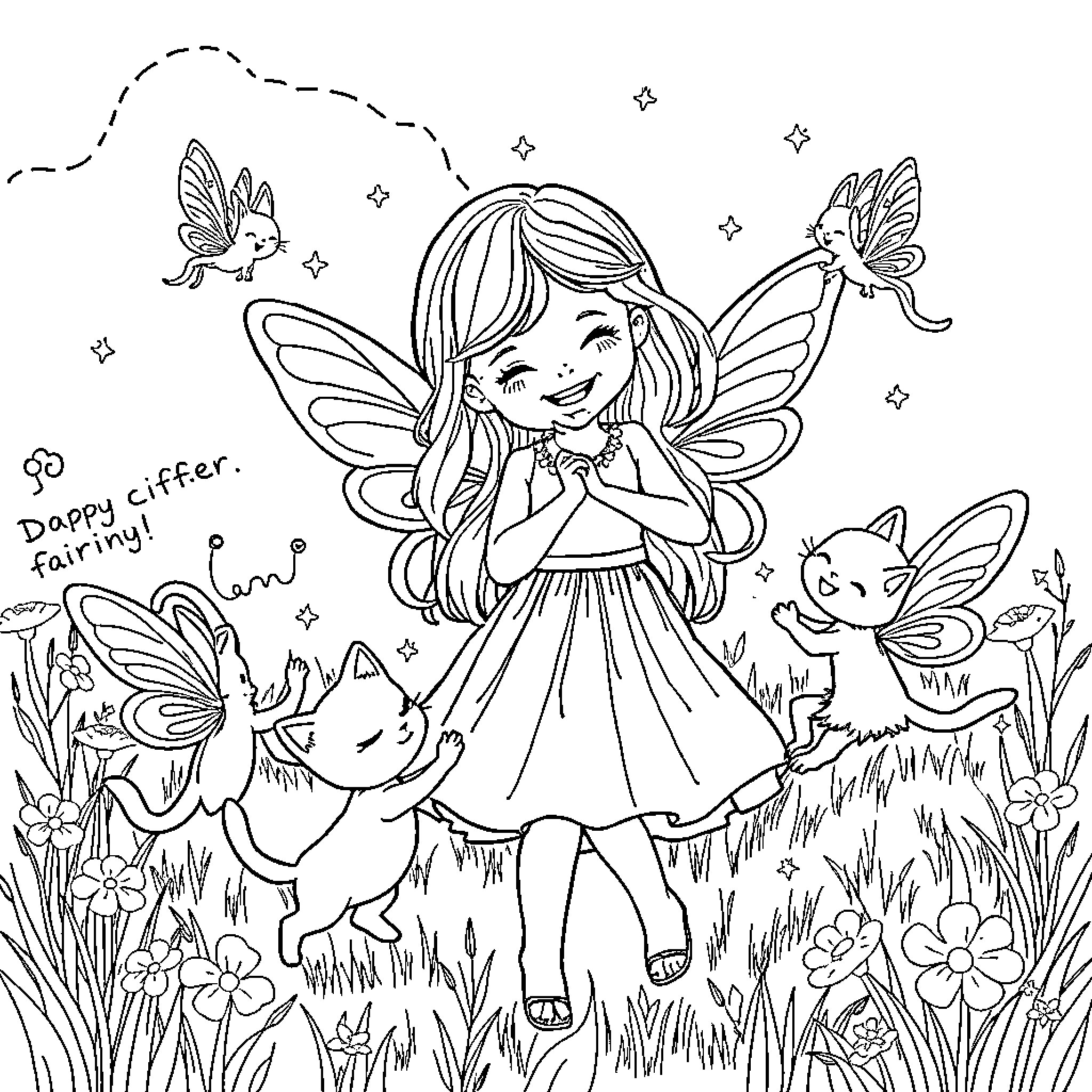Fairy girl surrounded by happy fairy creatures Coloring Page (free black-and-white line drawing printable PDF for all, from beginners to advanced learners, including children, teens, adults, and seniors)
