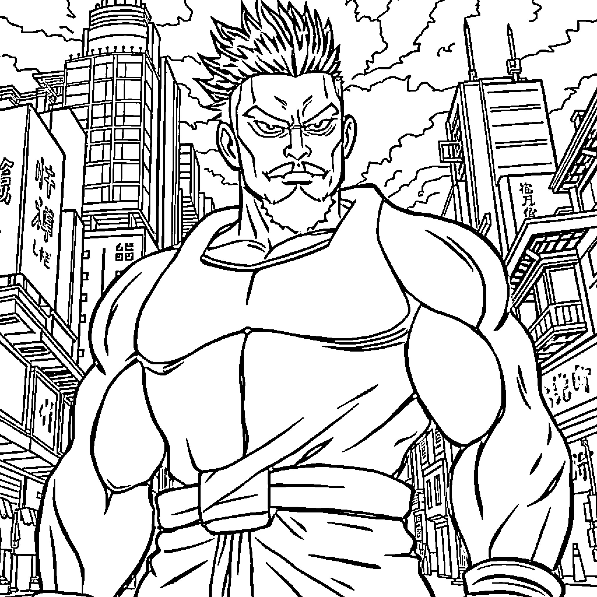 Rudo's Heroic Stance in the Urban Skyline Coloring Page (free black-and-white line drawing printable PDF for all, from beginners to advanced learners, including children, teens, adults, and seniors)